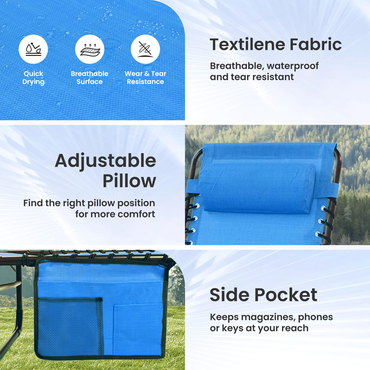 SUNW 2 Pack 400lbs Adjustable Folding Chaise Lounge, Lay Flat Recliner with Pillow & Side Pocket for Patio Pool Camping (Blue)
