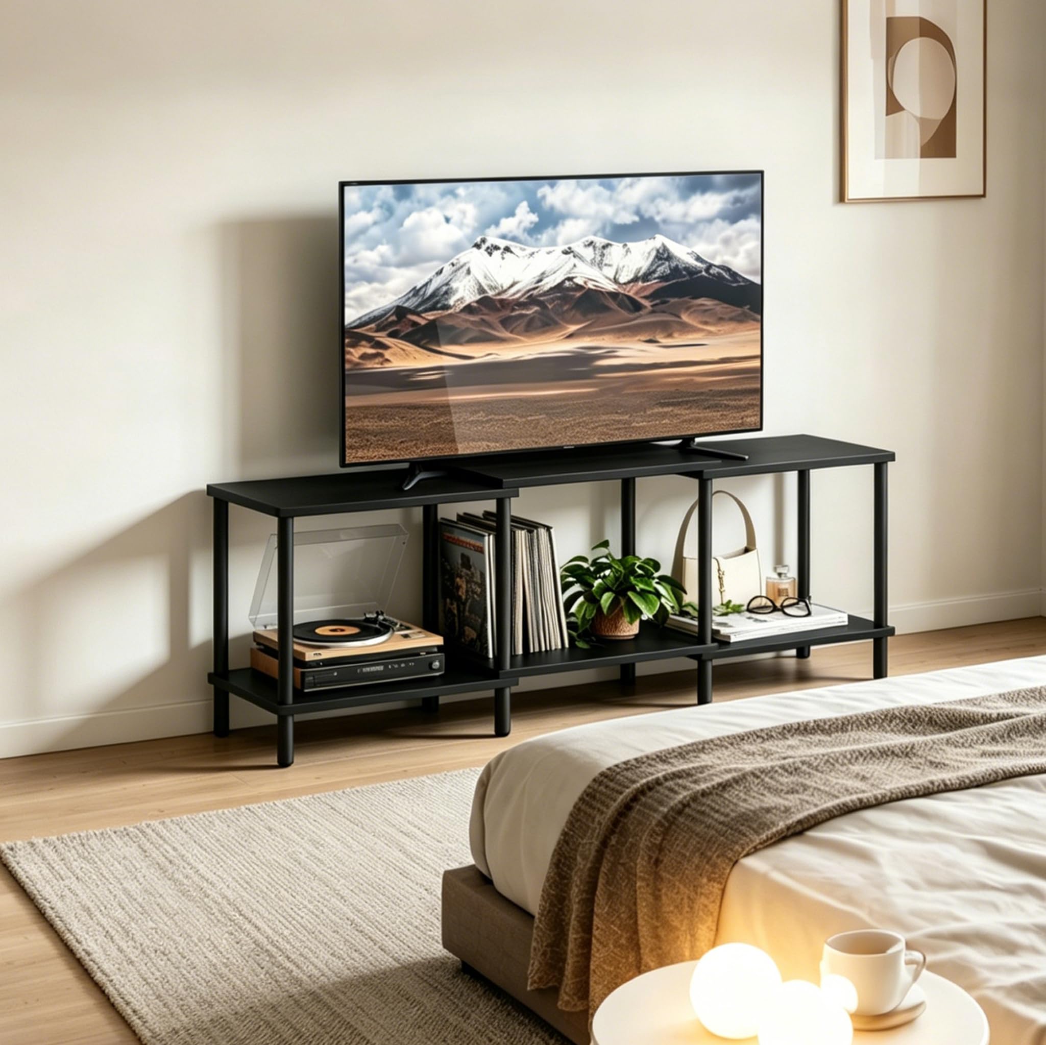 YAUKTAK TV Stand, Entertainment Center, Industrial TV Media Console Table with Open Storage Shelves, 2 Tier TV Cabinet for Living Room, Bedroom LTS107BK