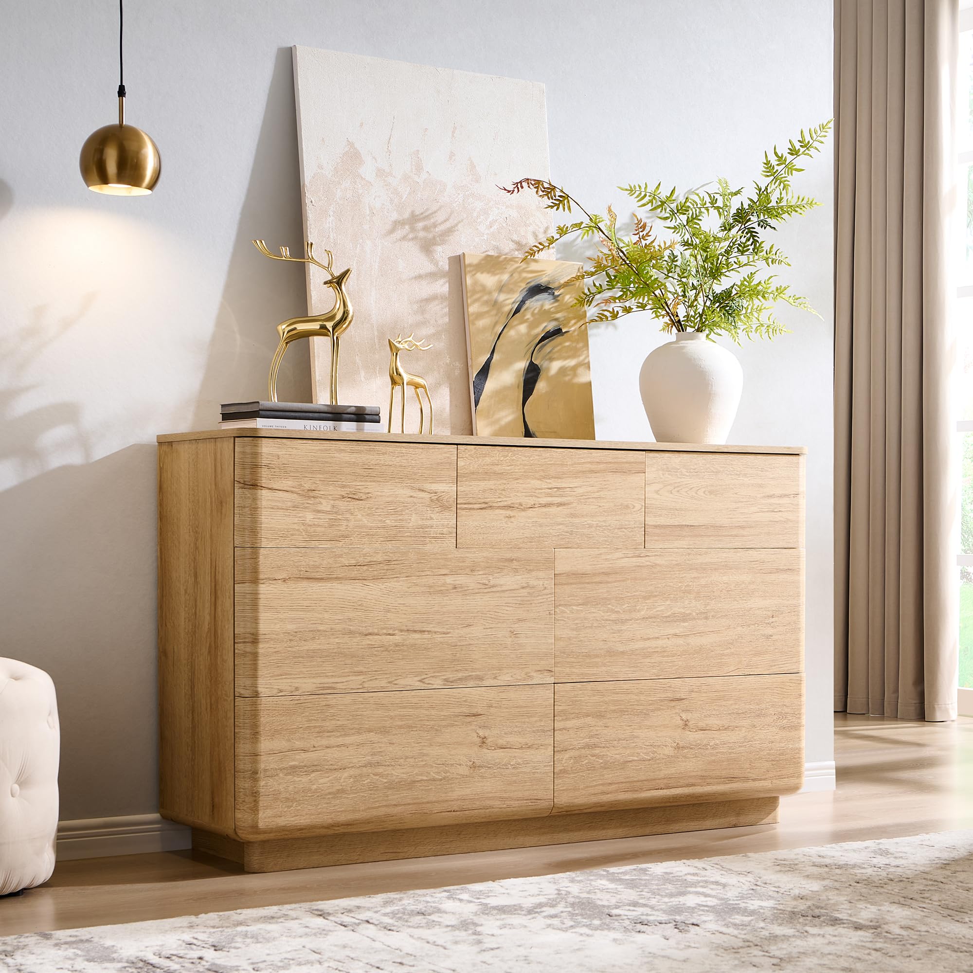 ACCOHOHO Modern 7 Drawer Dresser for Bedroom, 52" Wide Handleless Chest of Drawers, Large Push-to-Open Wood Storage, Dresser TV Stand for Bedroom, Living Room, Hallway, Curved Profile, Natural Oak
