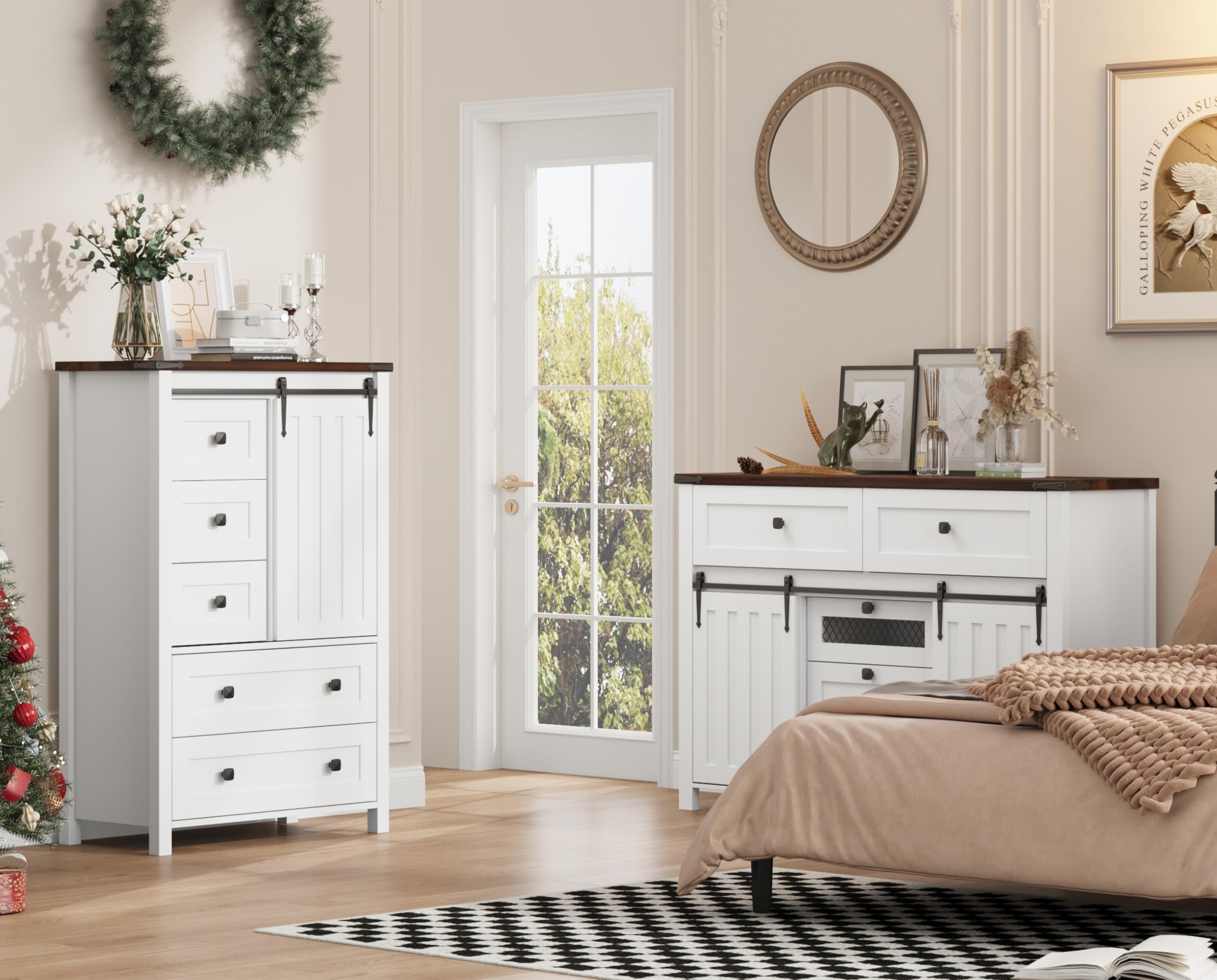 GarveeHome Farmhouse 5 Drawer Dresser for Bedroom, 48 in Tall Wood Dresser Chest of Drawer with Sliding Barn Door, Adjustable Shelf, Storage Organizer for Bedroom, Hallway, Living Room, Kitchen, White
