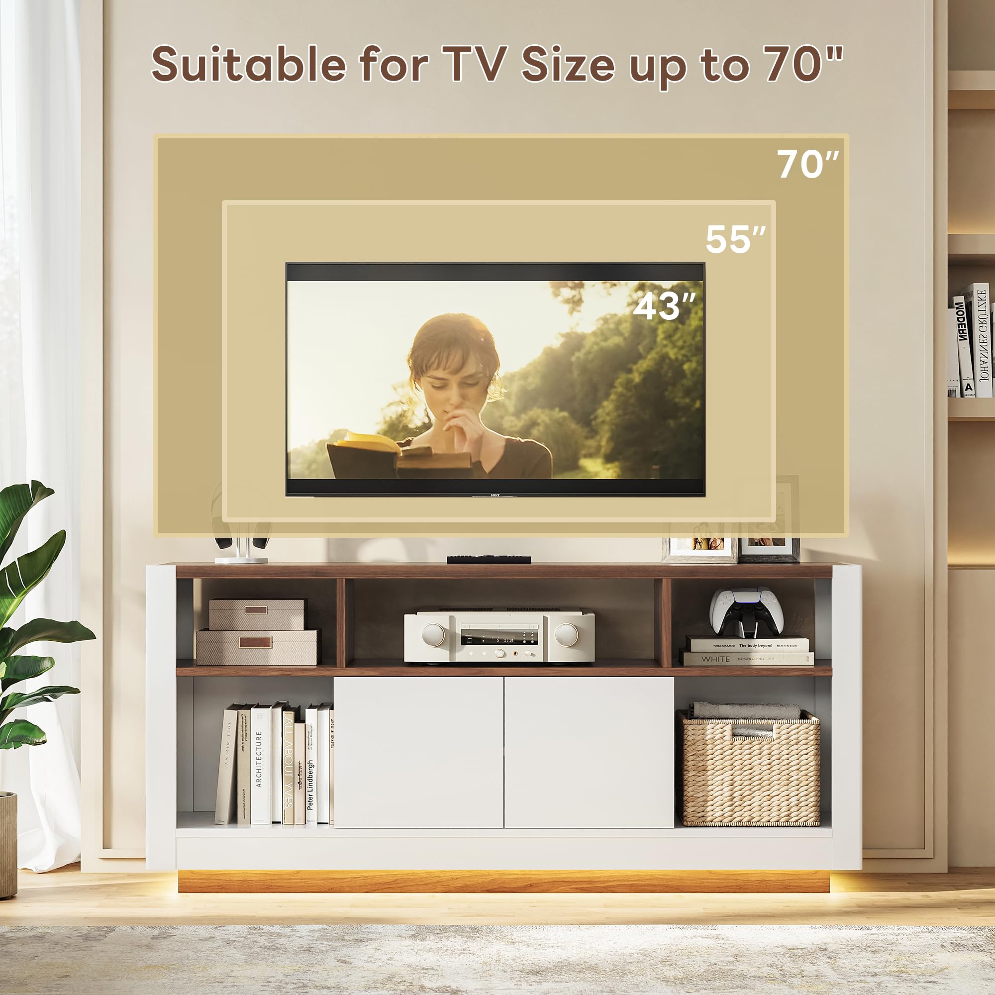 65" TV Stand with LED Lights & Charging Station