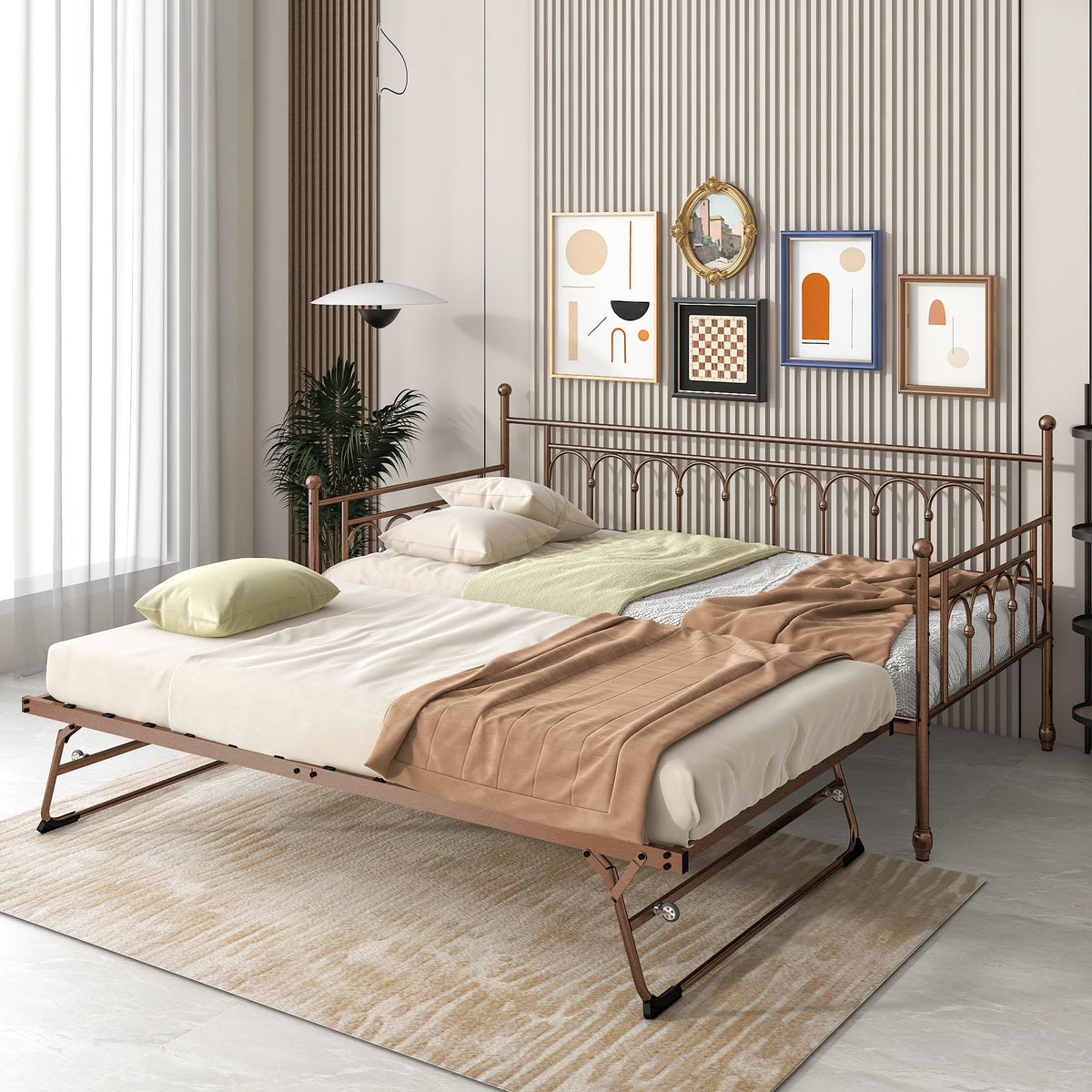 FULLJOJOR Daybed with Pop Up Trundle, Metal Daybed with Trundle, Twin Day Bed with Lockable Casters, Space-Saving Pop Up Trundle Bed Frame for Home Office, Guest Room,Bronze