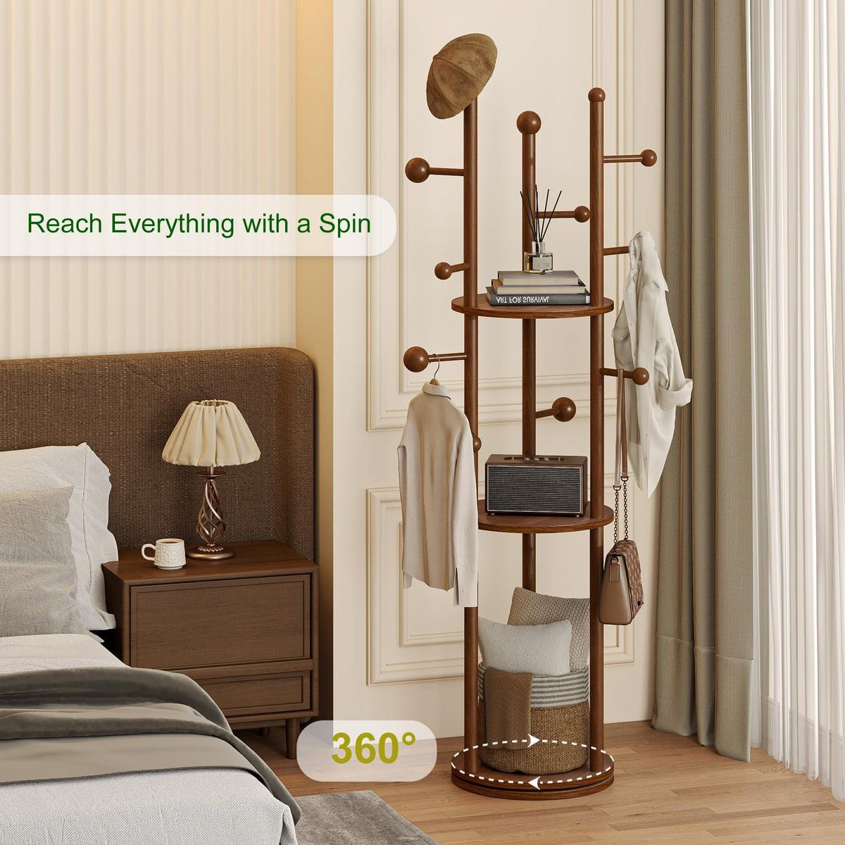 Rotating Wood Coat Rack with Shelves