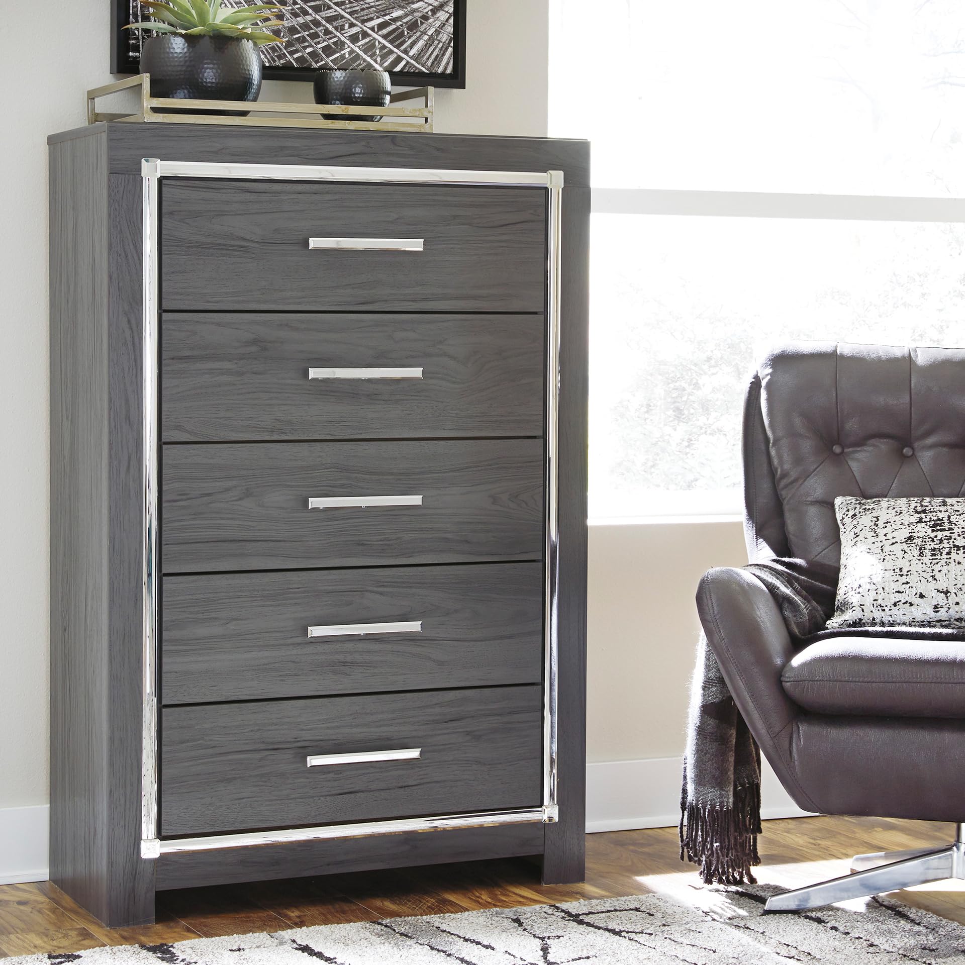 Signature Design by Ashley Lodanna Modern Glam 5 Drawer Chest, Faceted Chrome-tone Pulls and Accents, Wood, 33.75" Wide x 15.75" Deep x 51" High, Gray