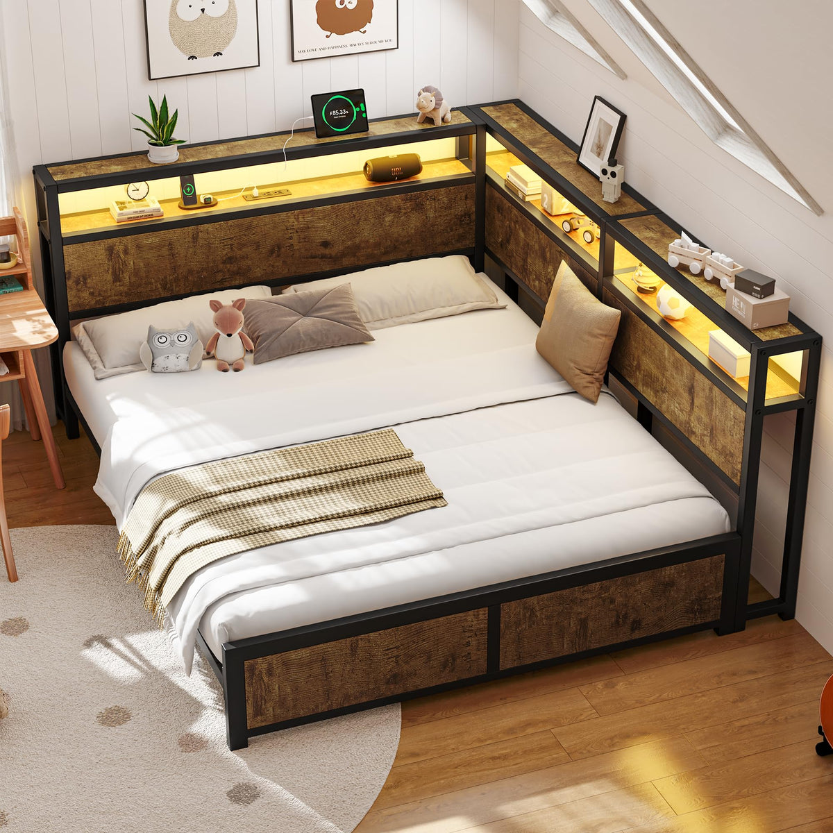 CIKUNASI Queen Corner Bed Frame with Storage Headboard, Metal Platform Bed Frame with LED Light and Charging Station, Queen Daybed for Living Room, Bedroom & Guest Room
