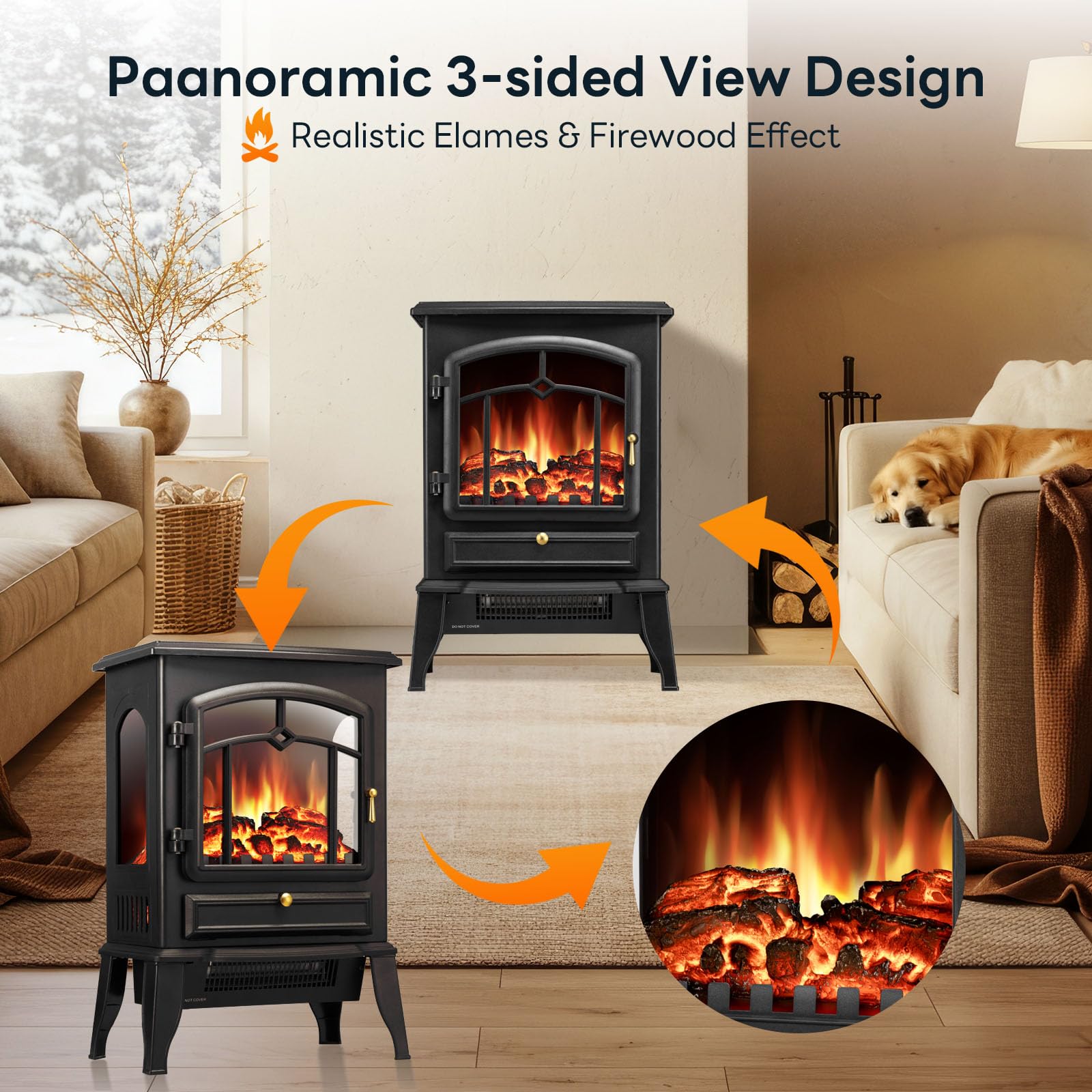 Electric Fireplace Stove Heater with Adjustable Flame