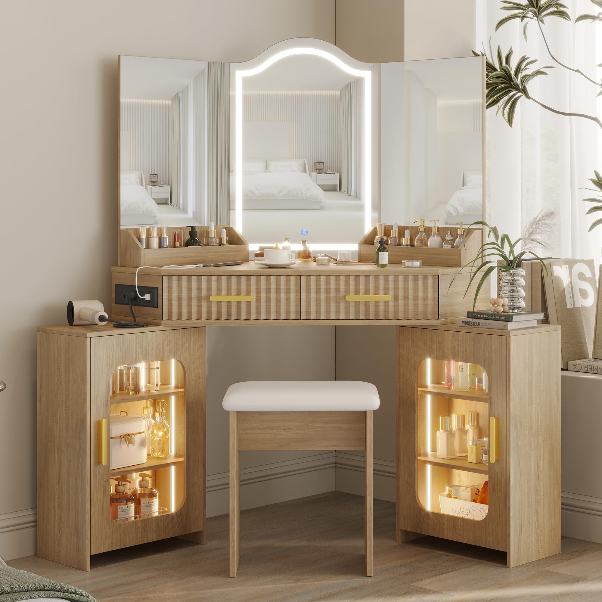 ZKIODV Corner Vanity Desk with 3 Way Mirror & LED Lights, Makeup Table Set with Charging Station, Storage Drawers & Side Cabinets, Modern Bedroom Dressing Table for Women & Girls Birthday Gift
