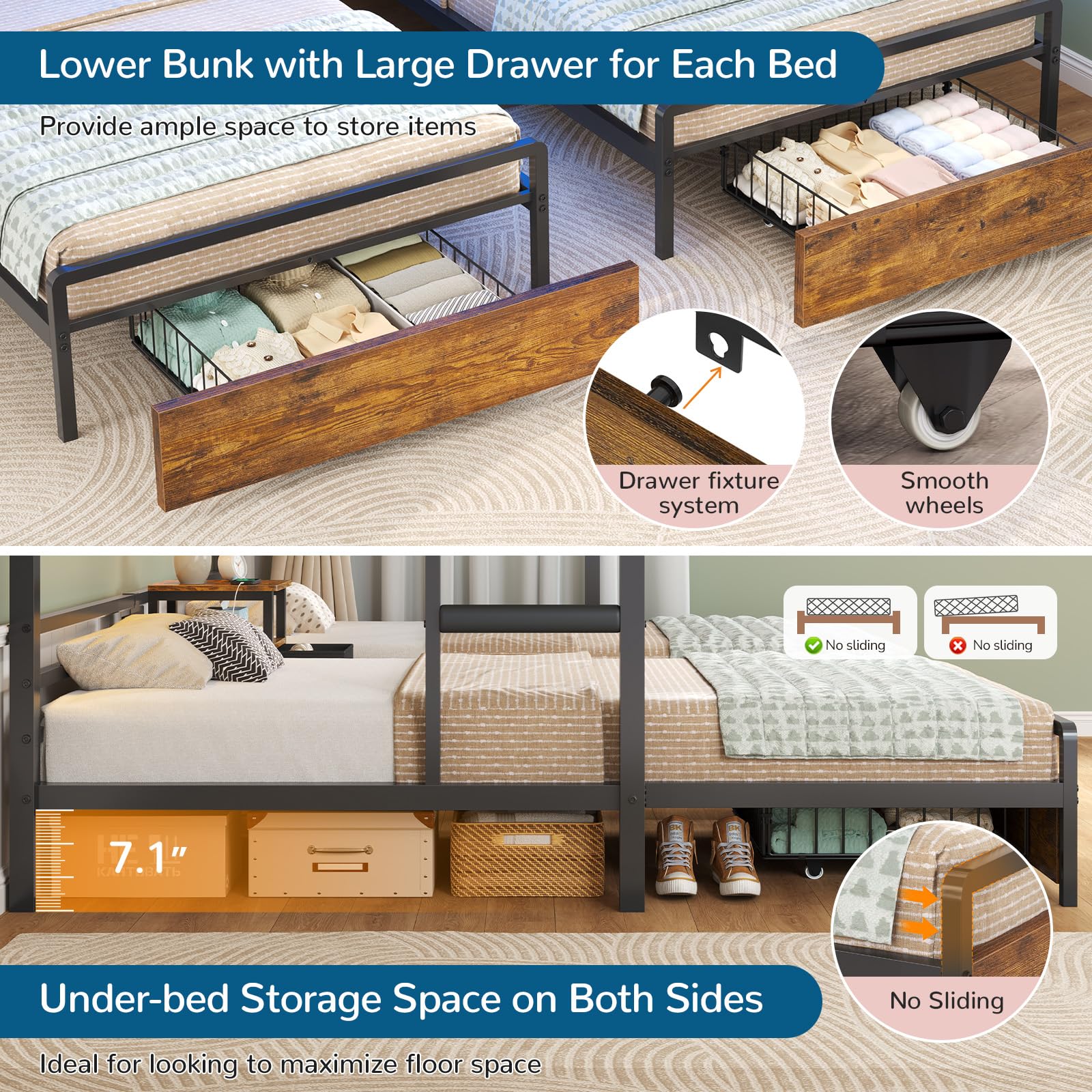 Triple Twin Bunk Bed with LED Lights & Storage
