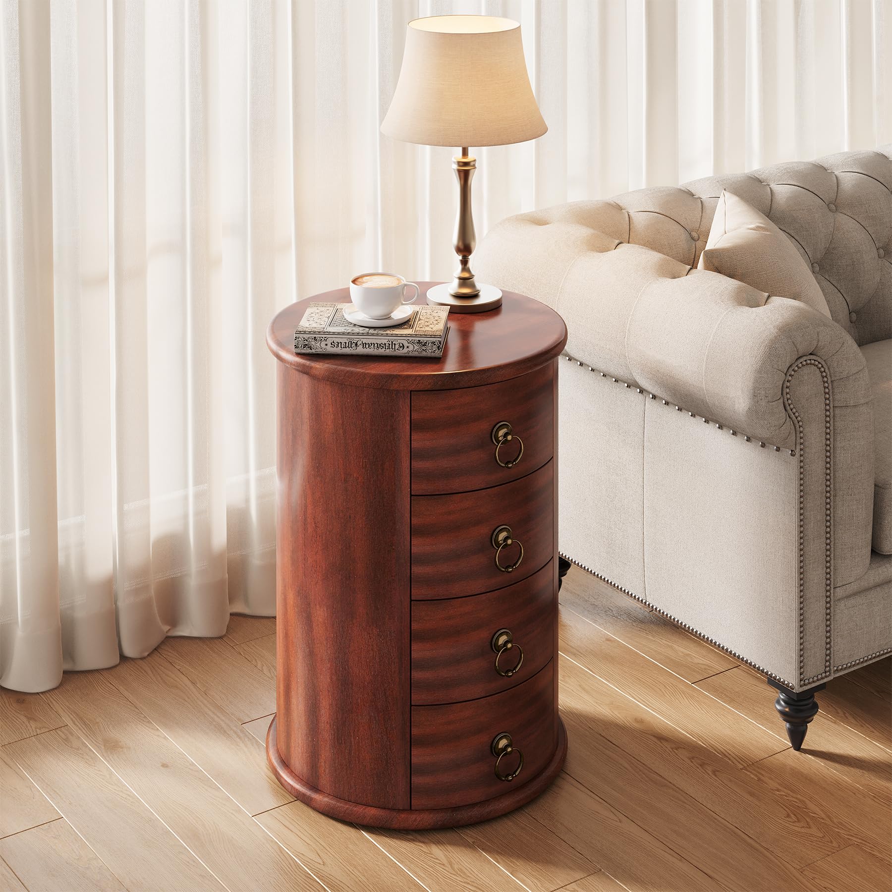 LITTLE TREE Small Side Table, Round Solid Wood End Table with Storage for Living Room, Mid Century Modern Nightstand with 4 Drawers for Bedroom, Small Spaces, Couch, Bedside, No Assembly Required