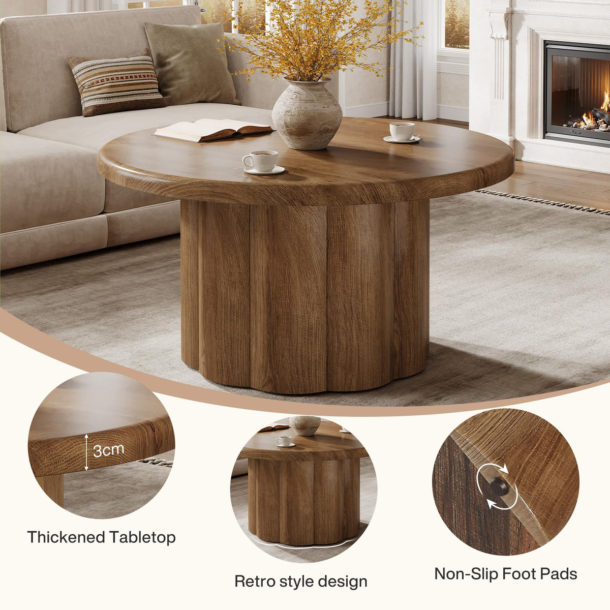 Tribesigns 31.5" Round Coffee Table for Living Room, Farmhouse Circle Center Cocktail Table with Fluted Drum Base, Wooden Living Room Furniture for Apartment, Small Space, Brown
