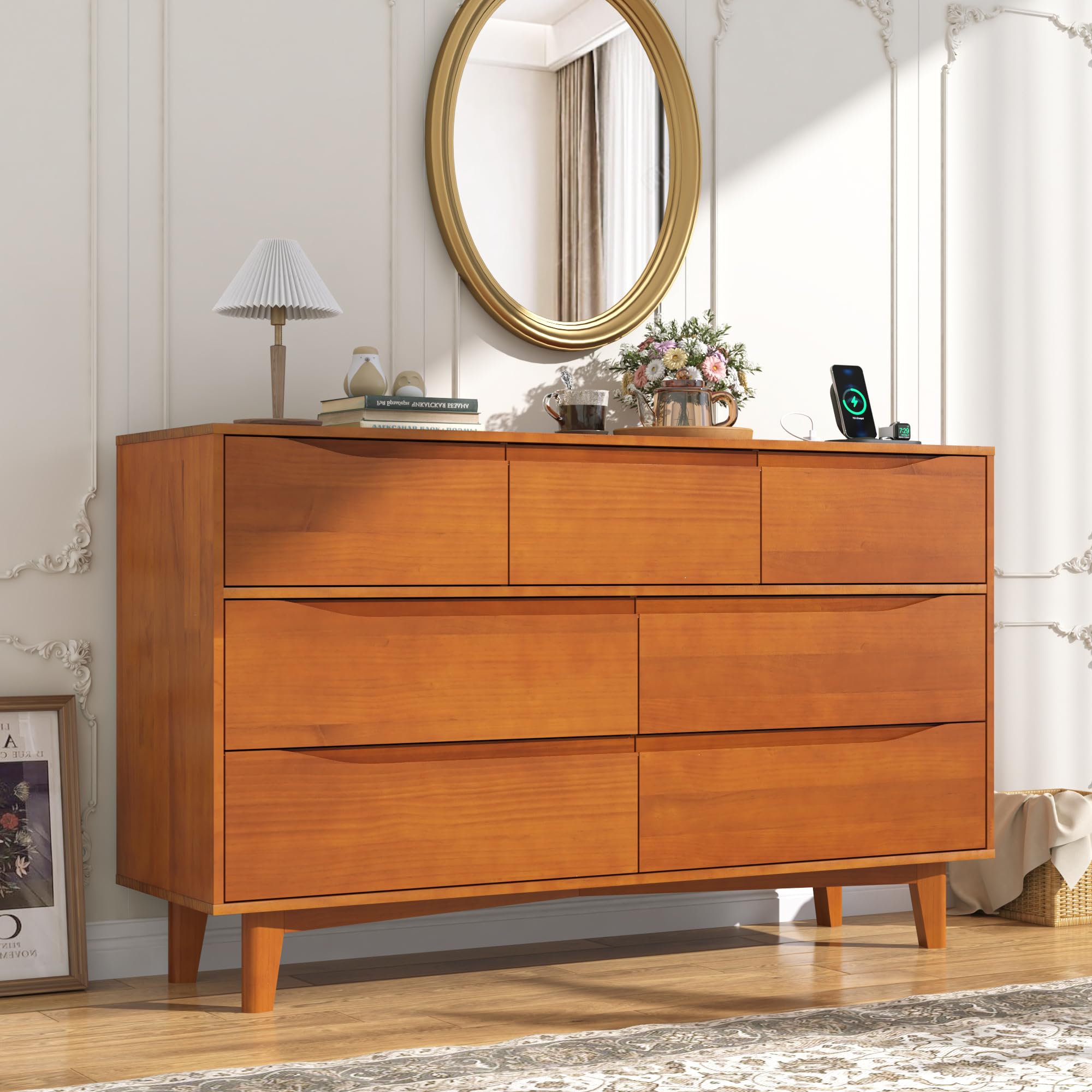 7 Drawer Dresser for Bedroom, 55” Wide Solid Wood Dresser with Power Outlet, Mid-Century Modern Chest with Solid Wooden, Large Wood Storage Organizer,Wood TV Stand for Bedroom, Living Room,Caramel