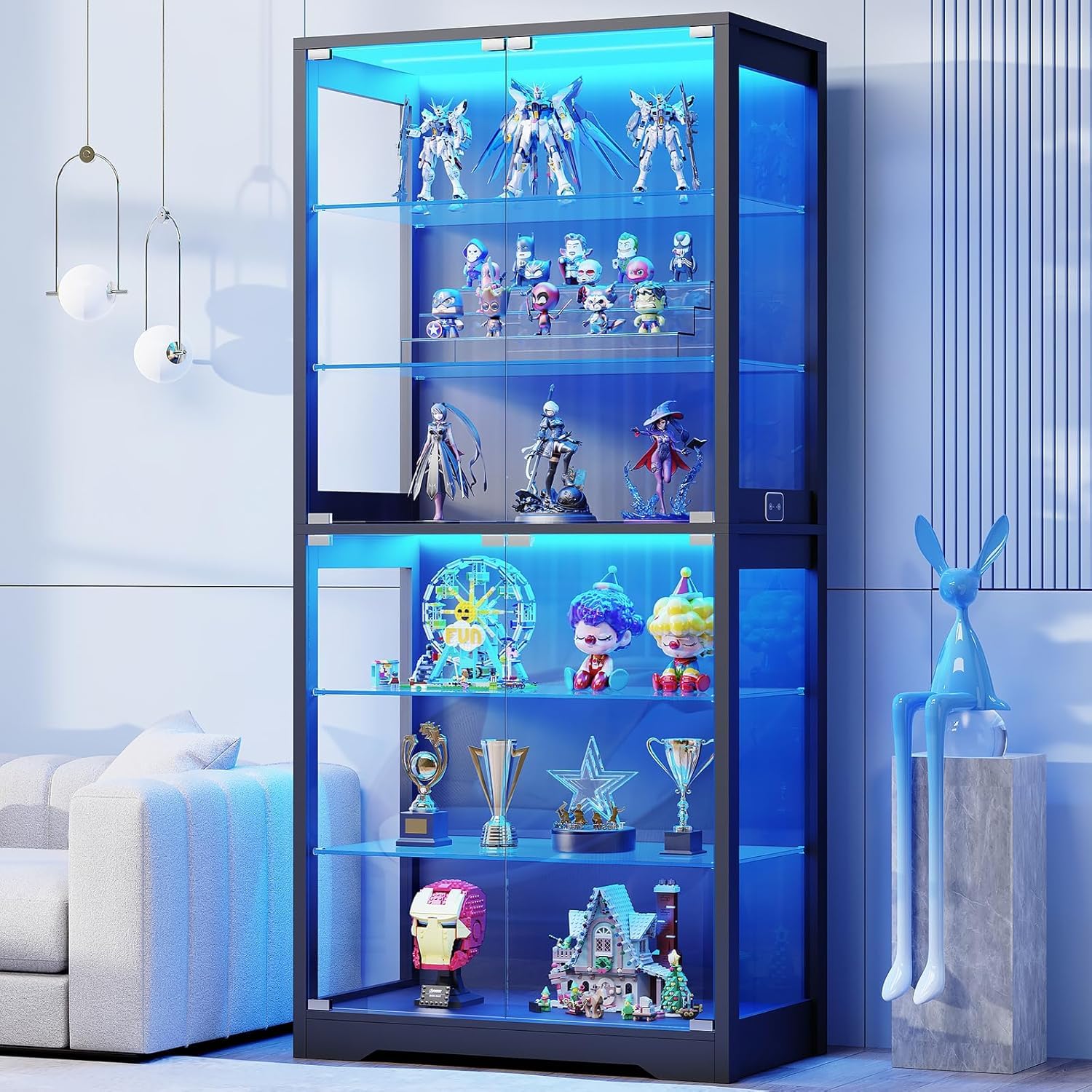 6-Tier Glass Display Cabinet with LED Lights & Motion Sensor