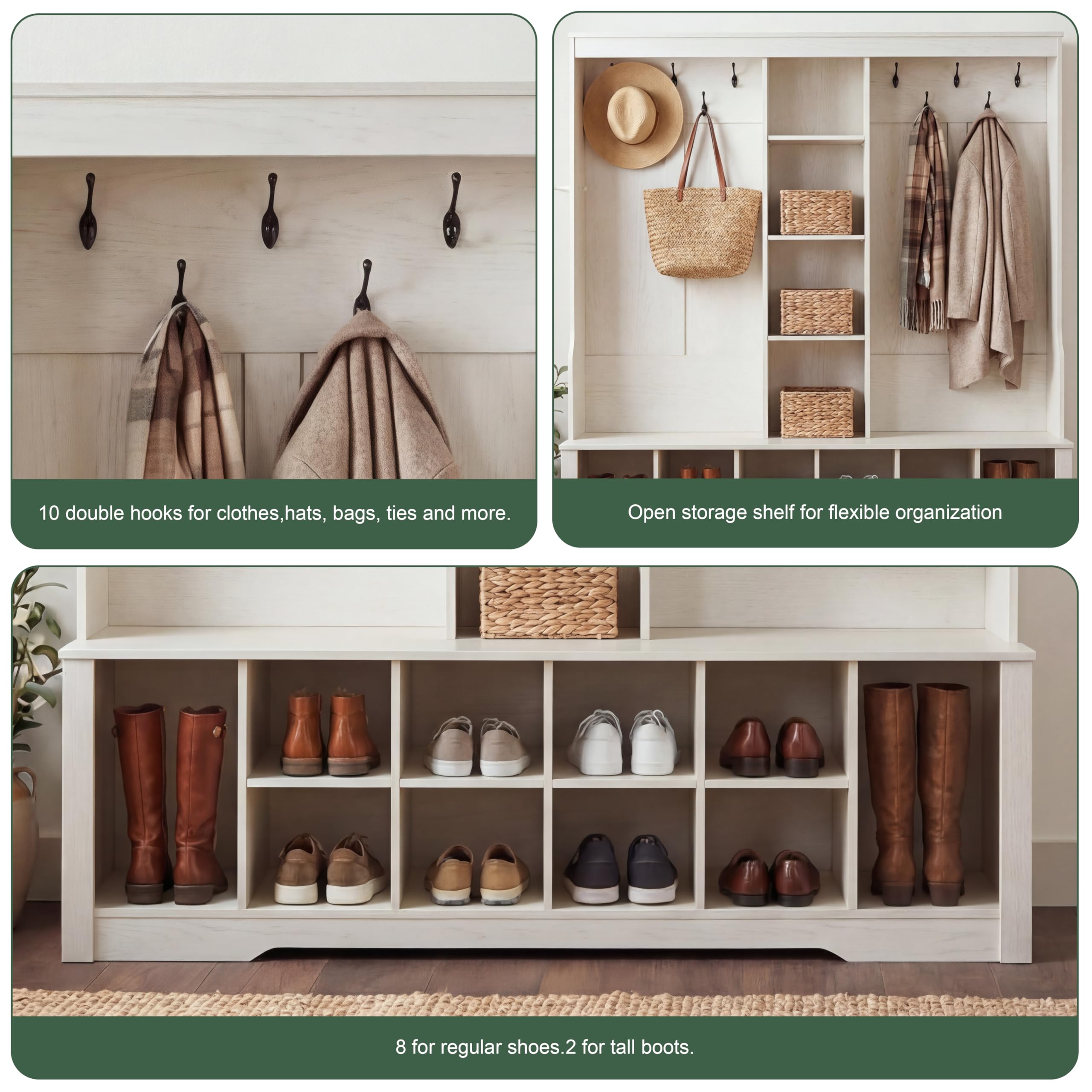 CasaGlajore 59” Hall Tree with Bench and Shoe Storage, Entryway Coat Rack with 10 Hooks & Open Shelves, Space Saving Hall Tree with 10 Shoe Cubbies for Hallway, Mudroom, Living Room