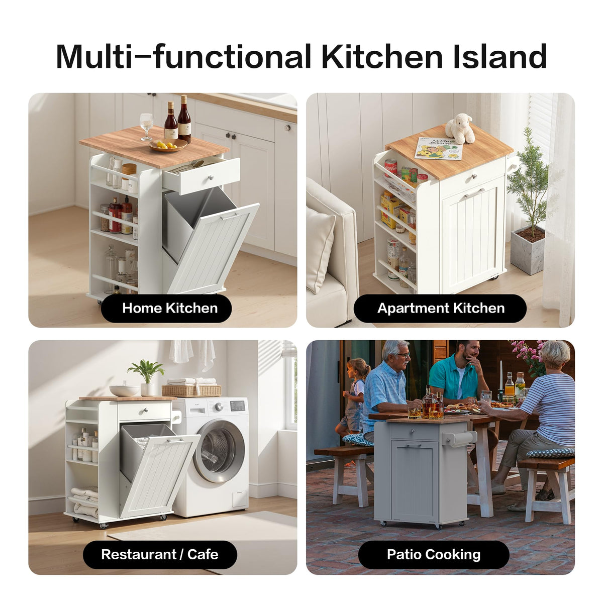 spanspace Kitchen Island with Trash Can Storage & Drop Leaf, Portable Kitchen Island on Wheels, Rolling Island Table for Kithchen