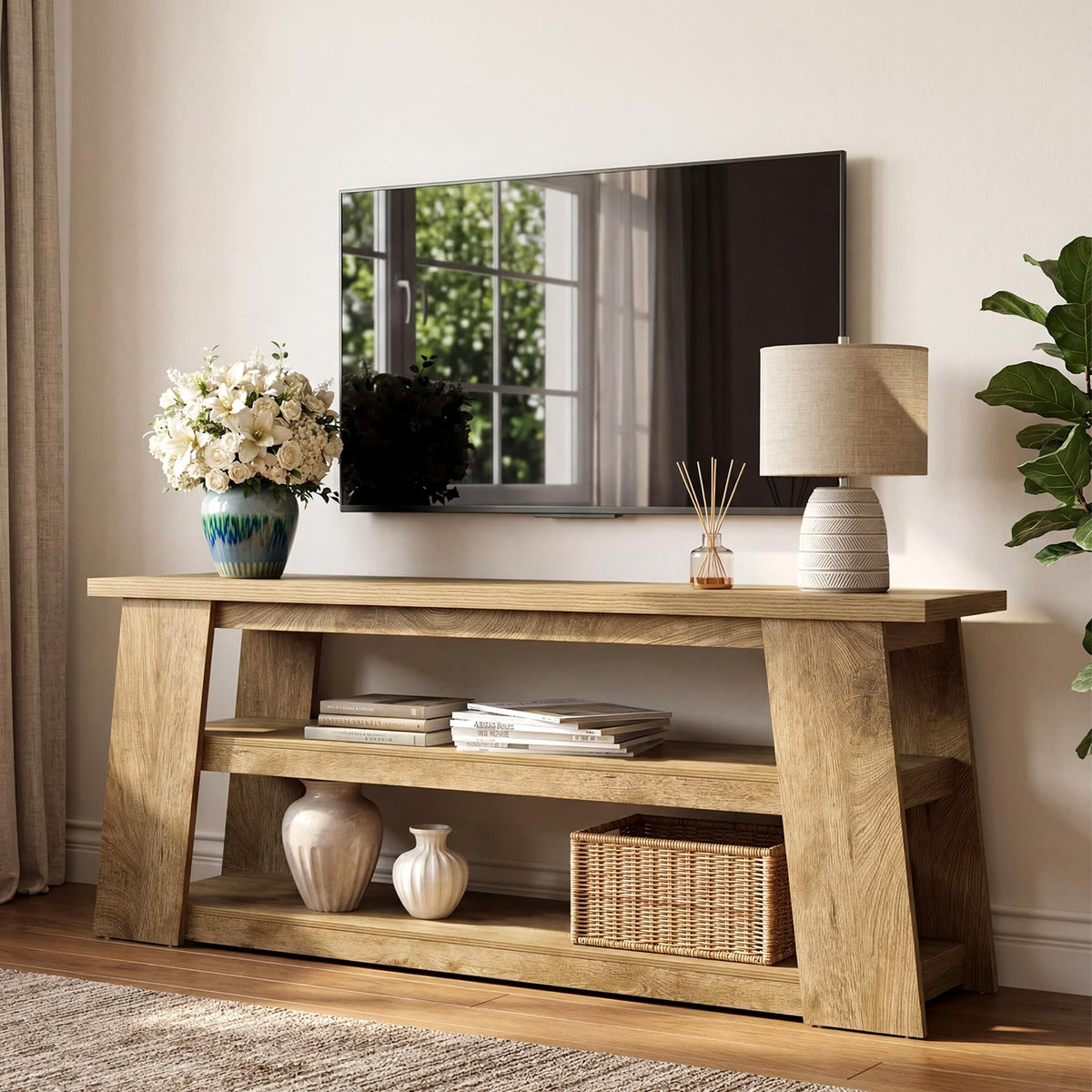 LITTLE TREE TV Stand with Storage for 65 Inch TV, Entertainment Center with Shelves, Modern Ladder Media Display Console for Living Room, Apartment, Brown