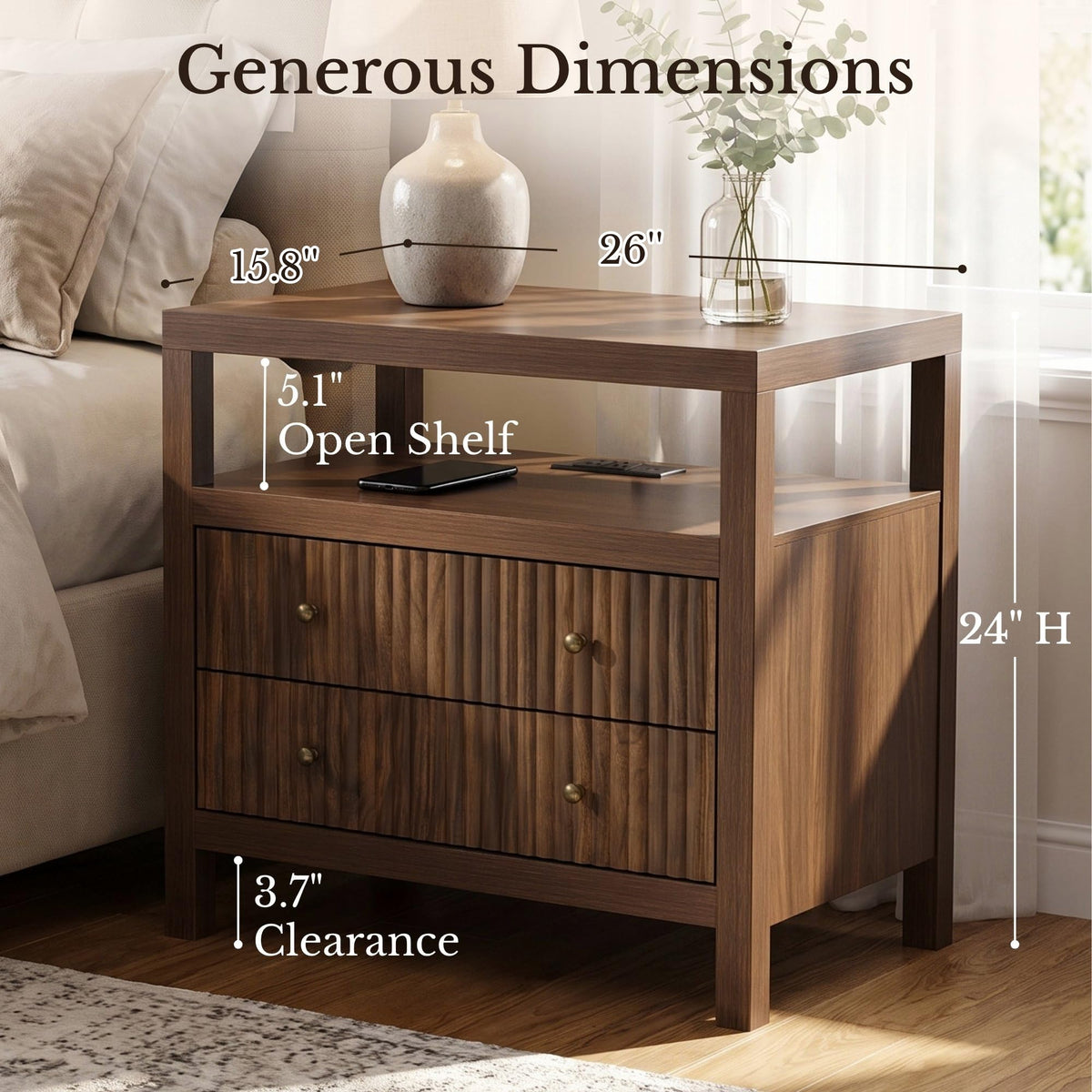 AURELIA LEVEAUX 26" Wide Dark Walnut Fluted Charging Nightstands Set of 2