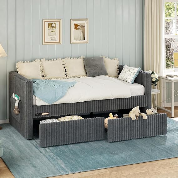 Twin Corduroy Daybed with Storage & Charging