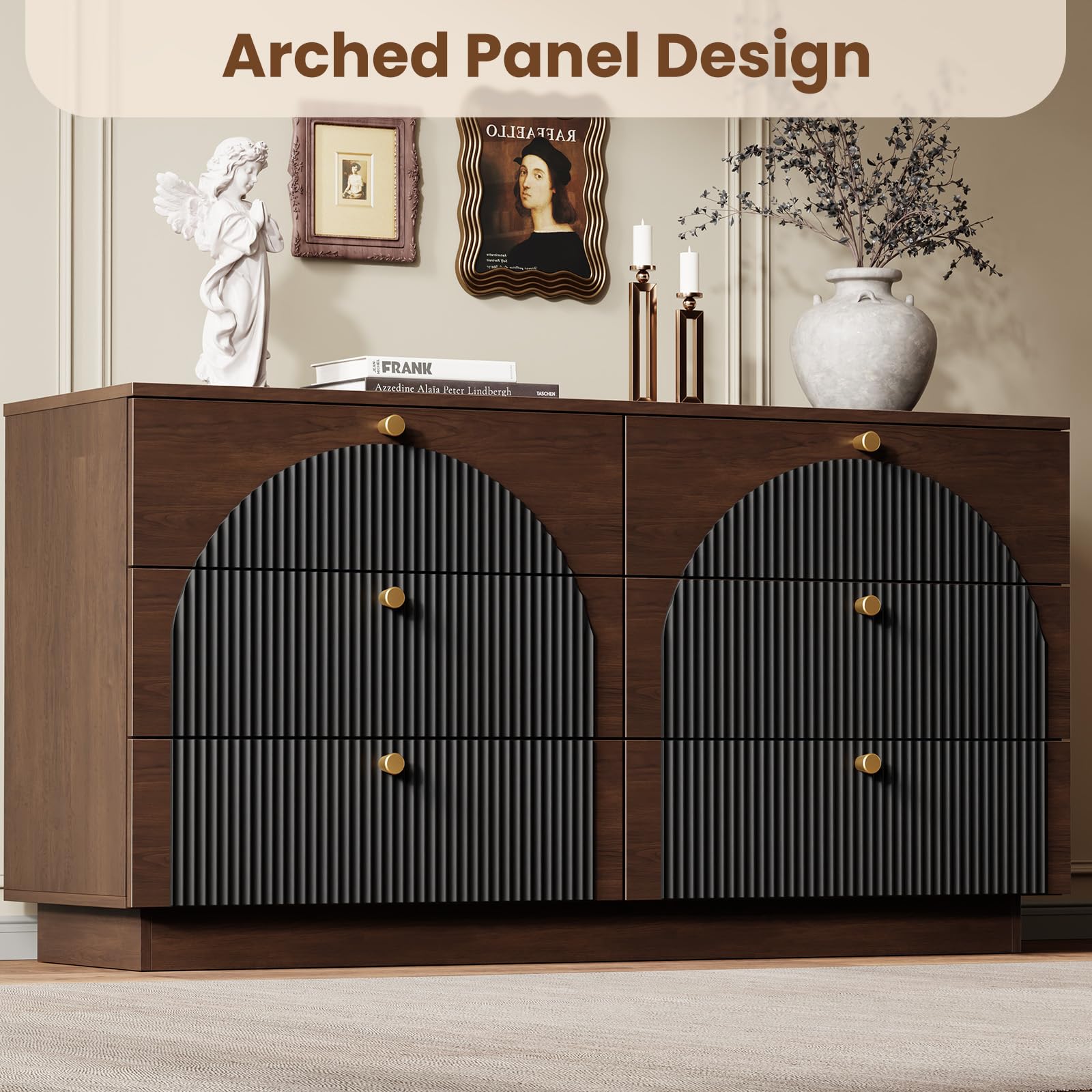 Arched Fluted Dresser for Bedroom with 6 Drawers, 55" Wide Large Wooden Storage Organizer Chest of Drawers, Mid Century Modern Wood Closet TV Stand for Bedroom,Living Room, Hallway, Walnut+Black