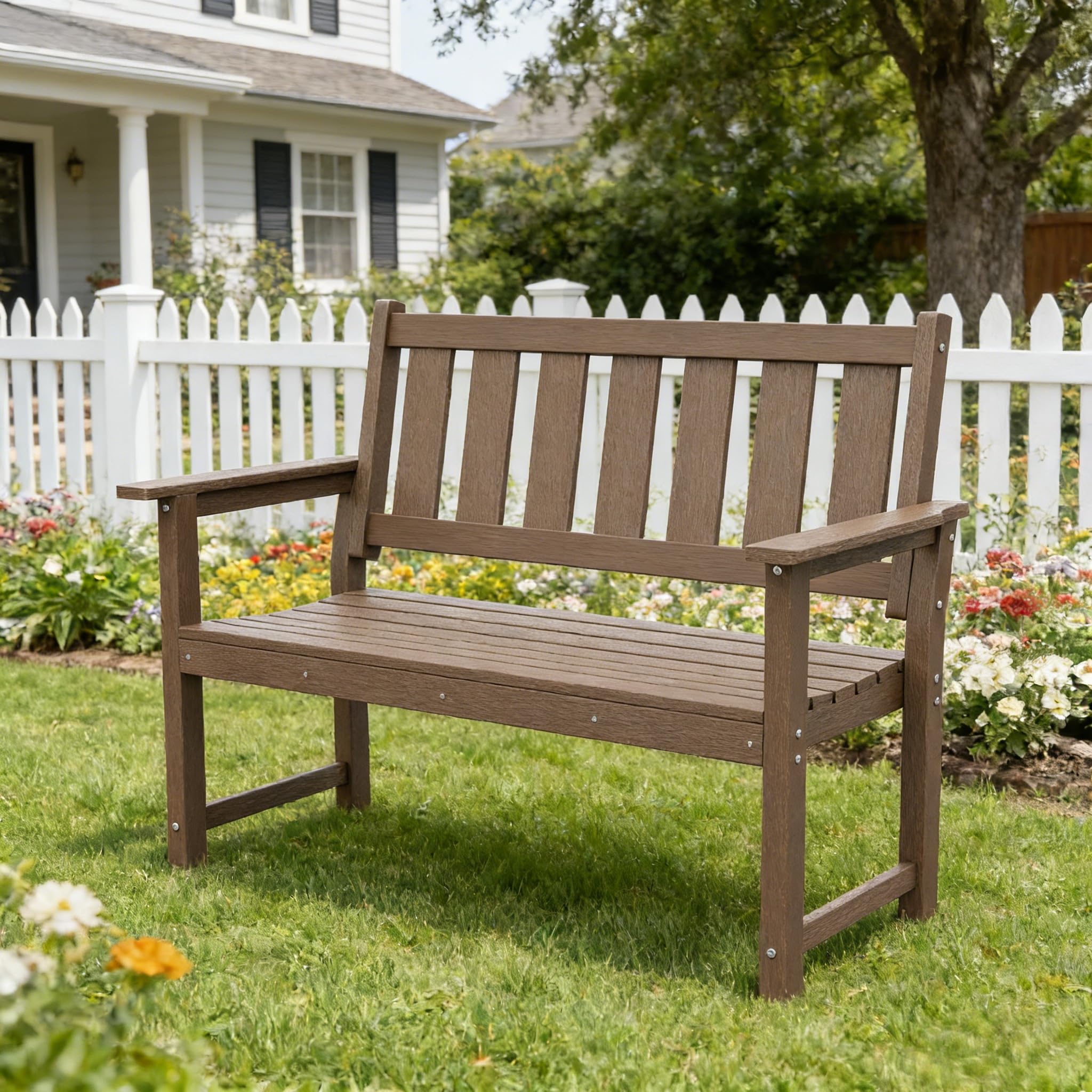 ACUEL 50" HDPE Outdoor Bench, 2-Person Poly Lumber Weatherproof Patio Garden Bench Seating with 800 lbs Weight Capacit, Bench for Porch, Backyard, Lawn, Park, Balcony and Church Furniture (Brown)