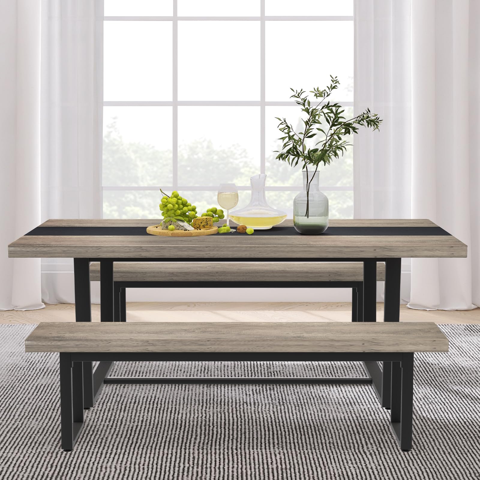 STHOUYN 59” Dining Bench Pair of 2 for 6-8 Person, Farmhouse Indoor Kitchen Table Benches, Bed Bench, Industrial Shoe Bench (Grey 2pcs)