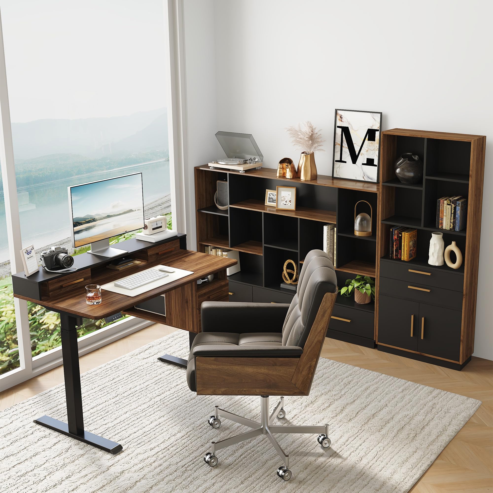 Standing Desk & Bookcase Home Office Set