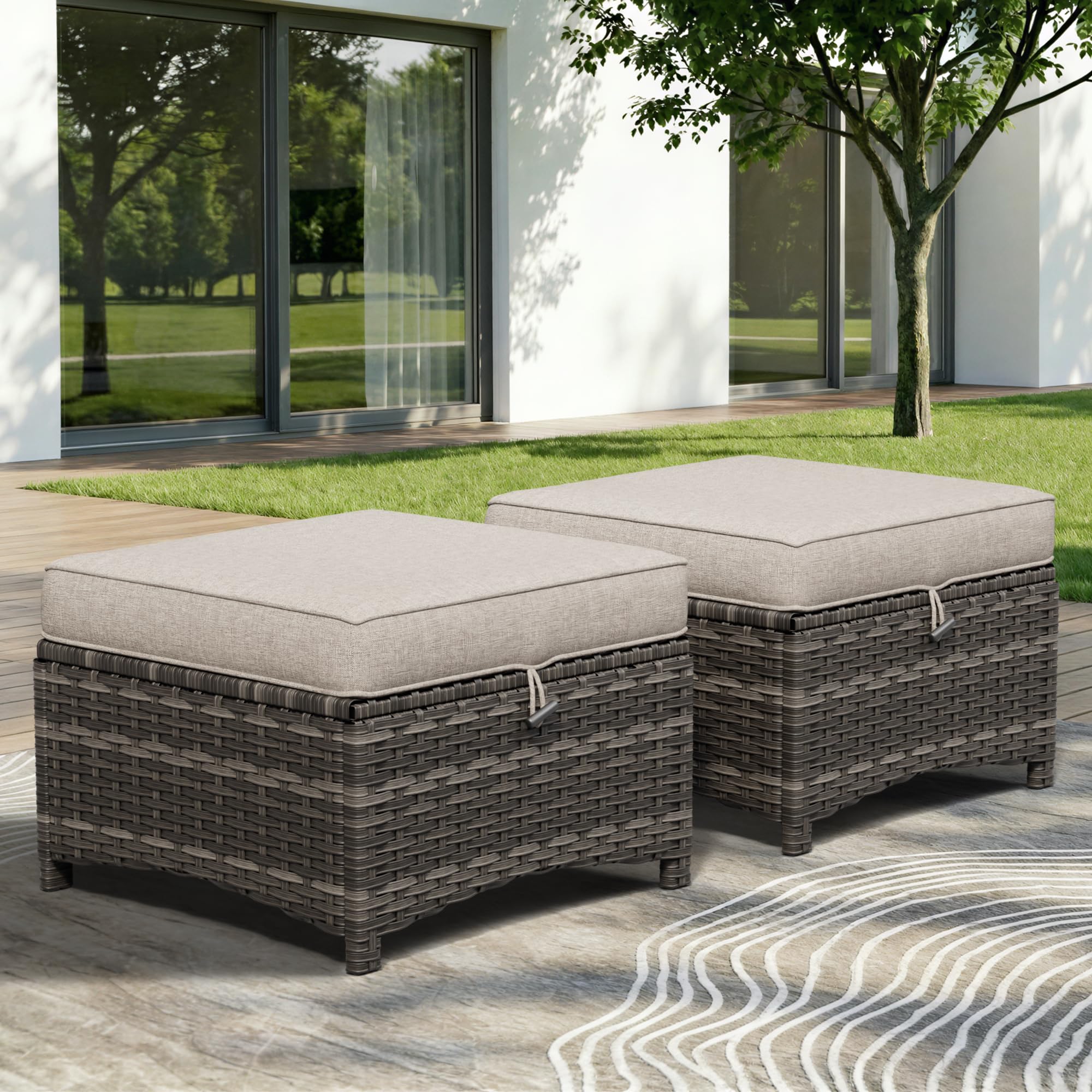 Outdoor Wicker Ottoman Set of 2 with Cushion