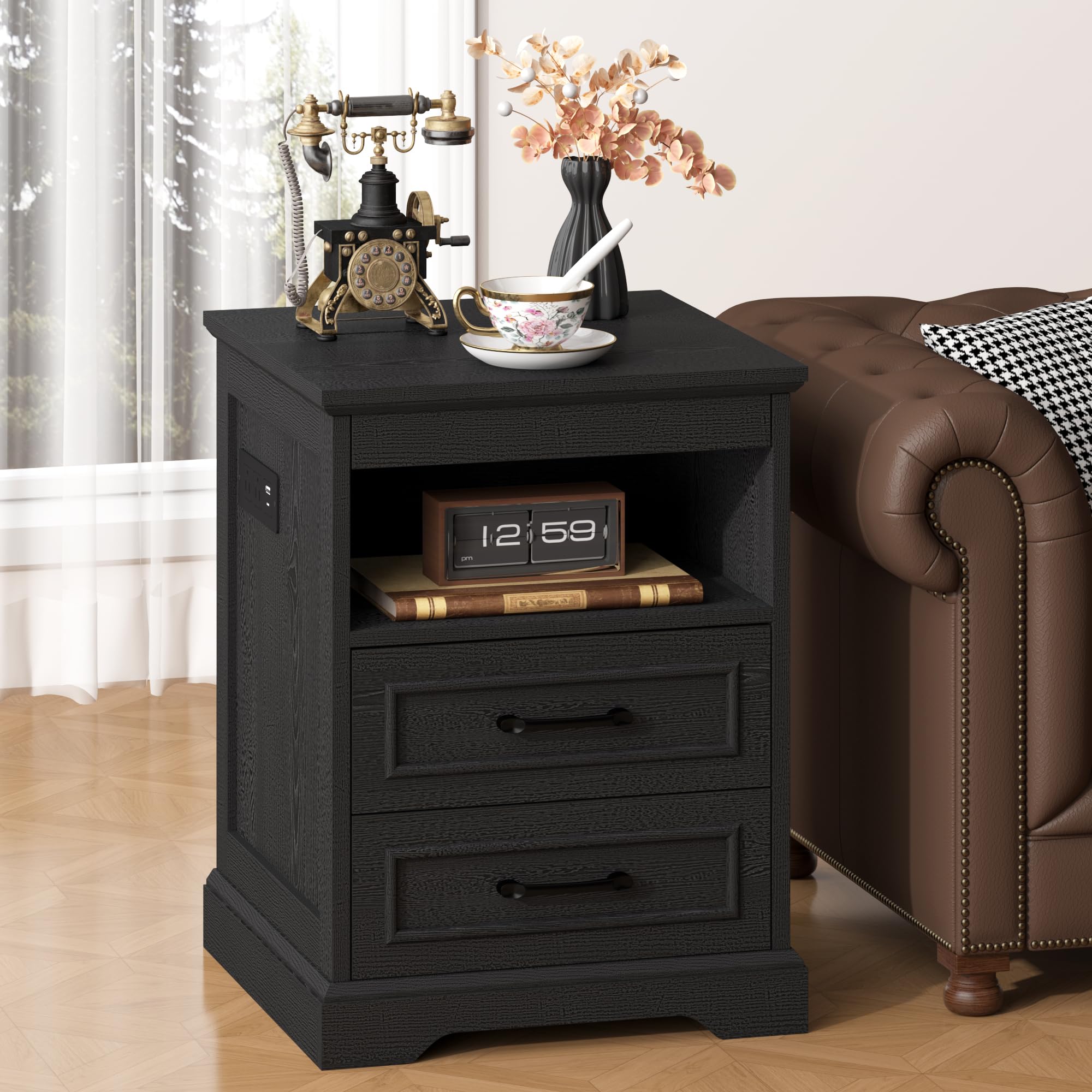Gadroad 18" Farmhouse Accent Nightstand with Charging Station, End Table with 3 Drawers Storage, Side Table, Bedside Cabinet for LivingRoom Bedroom Office, Black