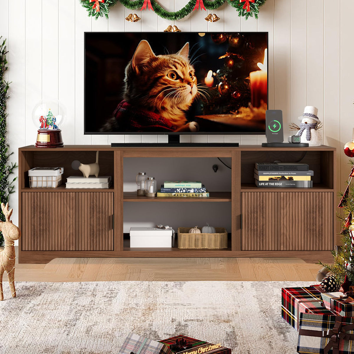 Fluted TV Stand for Tvs up to 80" with Adjustable Shelf Charging Station