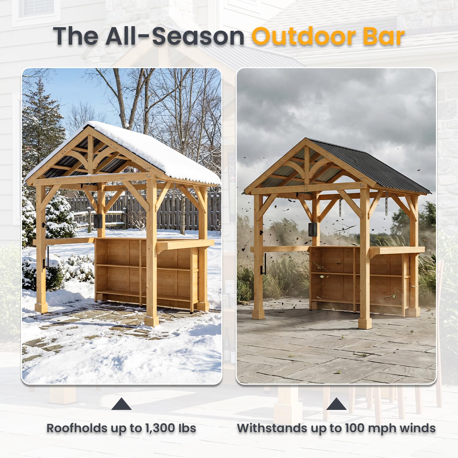 Outdoor Wood Bar Pavilion with Galvanized Steel Roof, Patio Bar Counter with Storage Shelves, All-Weather Backyard Entertaining Station for BBQ, Pool Party, Garden Deck