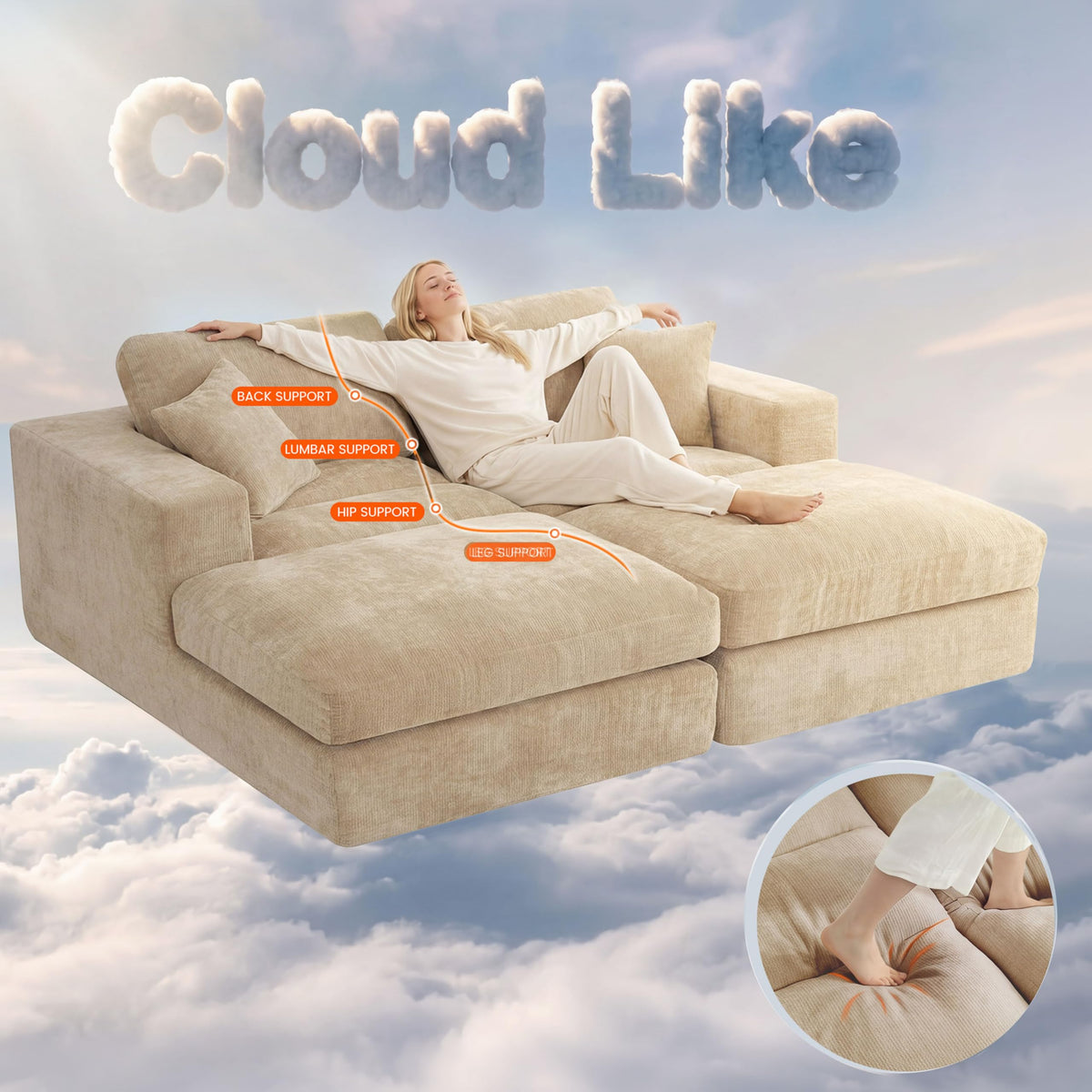 Mifnas 81" Oversized Double Chaise Lounge, Cloud Boneless Sofa Bed, Khaki