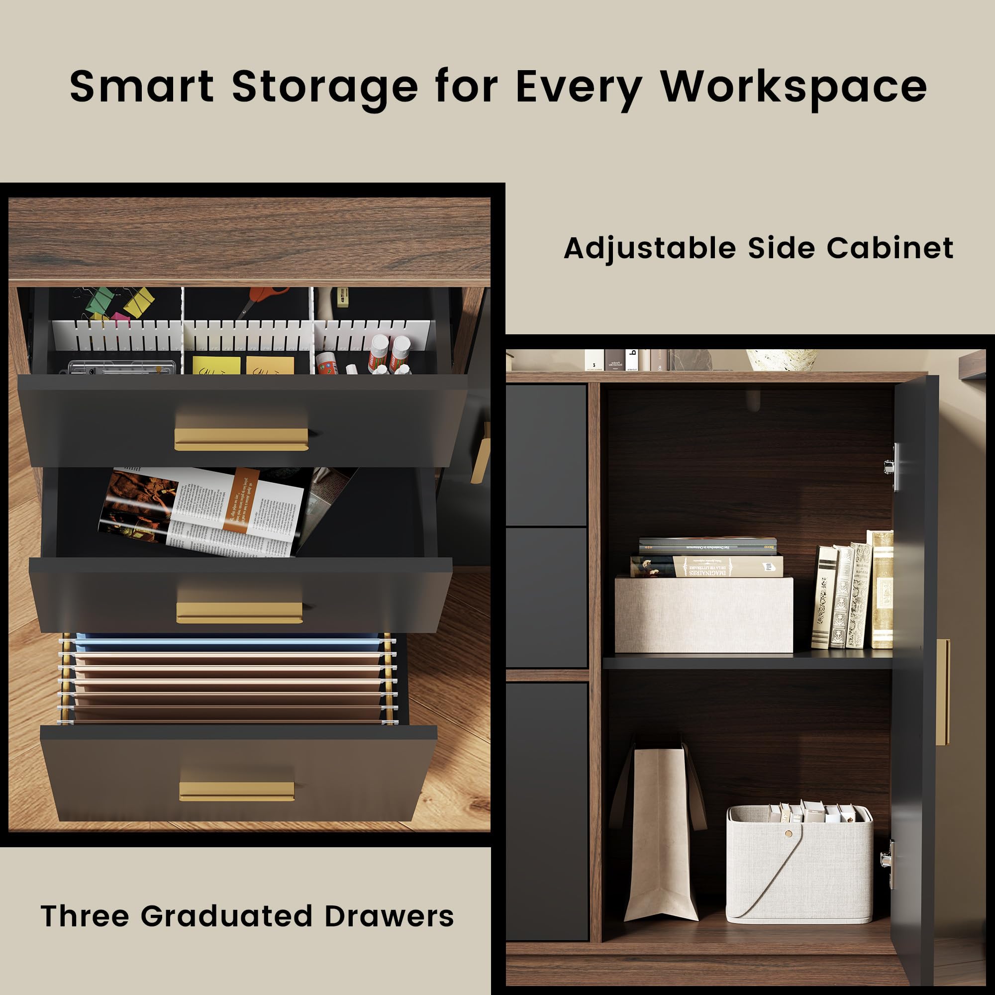 3-Drawer File Cabinet with Side Cabinet & Adjustable Shelf