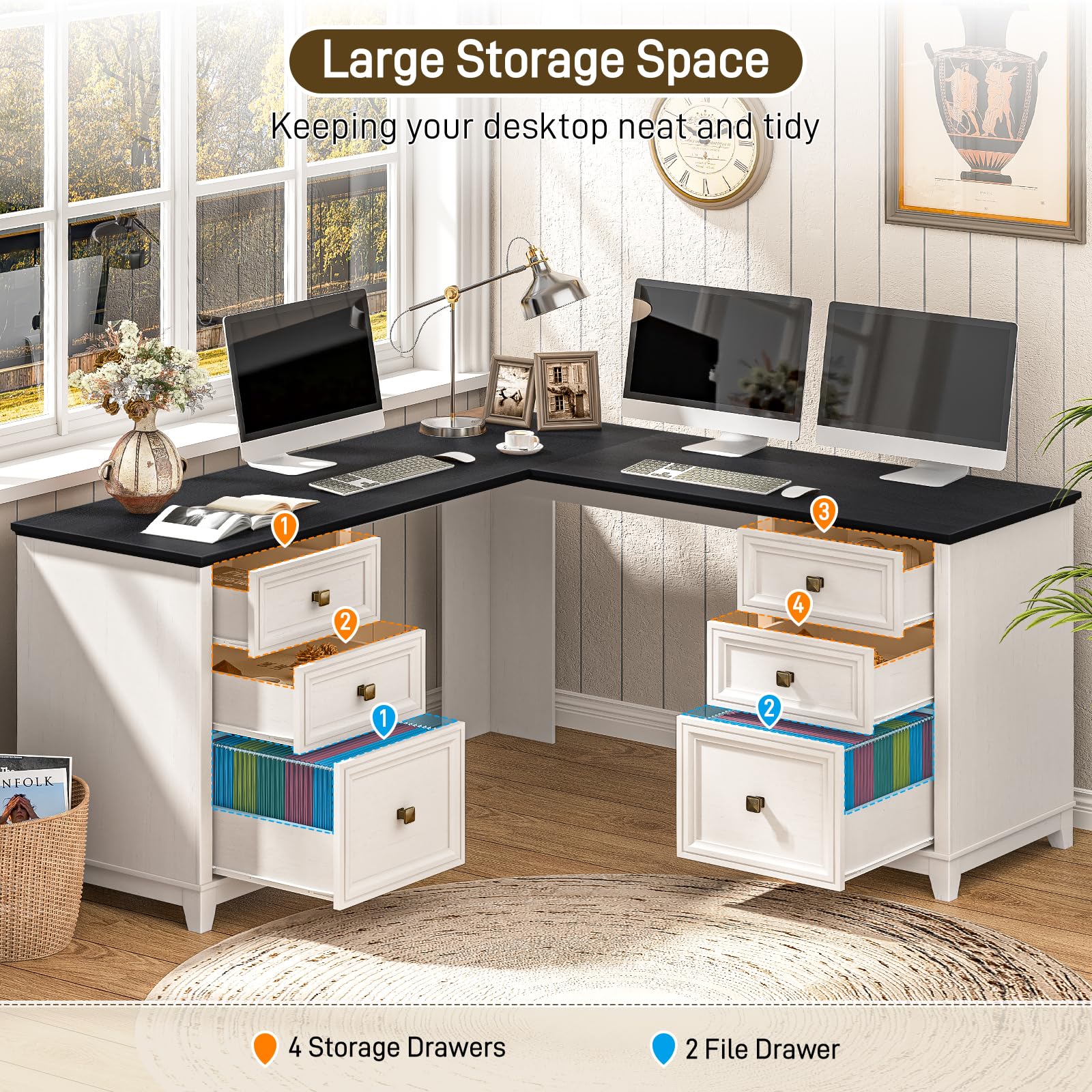 Vabches Farmhouse L Shaped Executive Desk with 6 Drawers, 59’’ Wood Home Office Desk with File Cabinet, Writing Corner Computer Desk for Home Office, Work, Study, White and Black