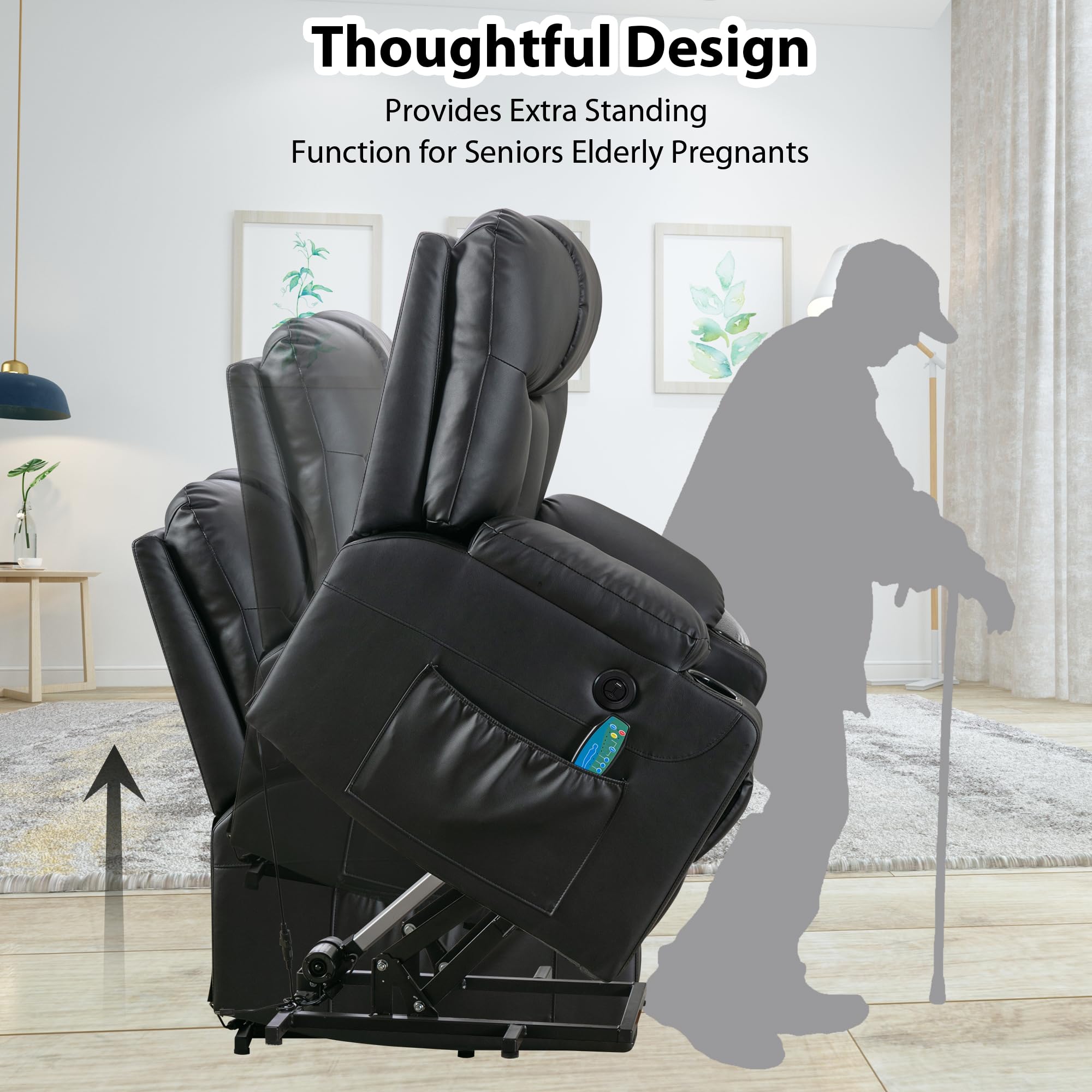 Bonzy Home Extra Wide Lift Chair with Heat and Massage, Faux Leather Power Lift Recliner Massage Chair for Adults Elderly, Upholstered Recliner with 2 Cup Holders, Side Pocket