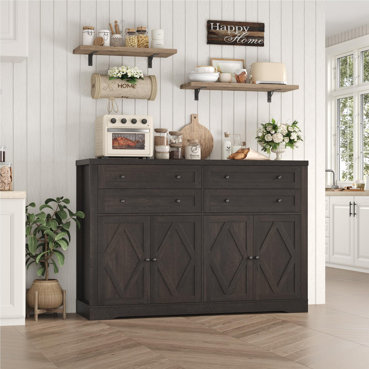 HOSTACK 55"W Kitchen Buffet Sideboard Cabinet with 4 Storage Drawer, Brown