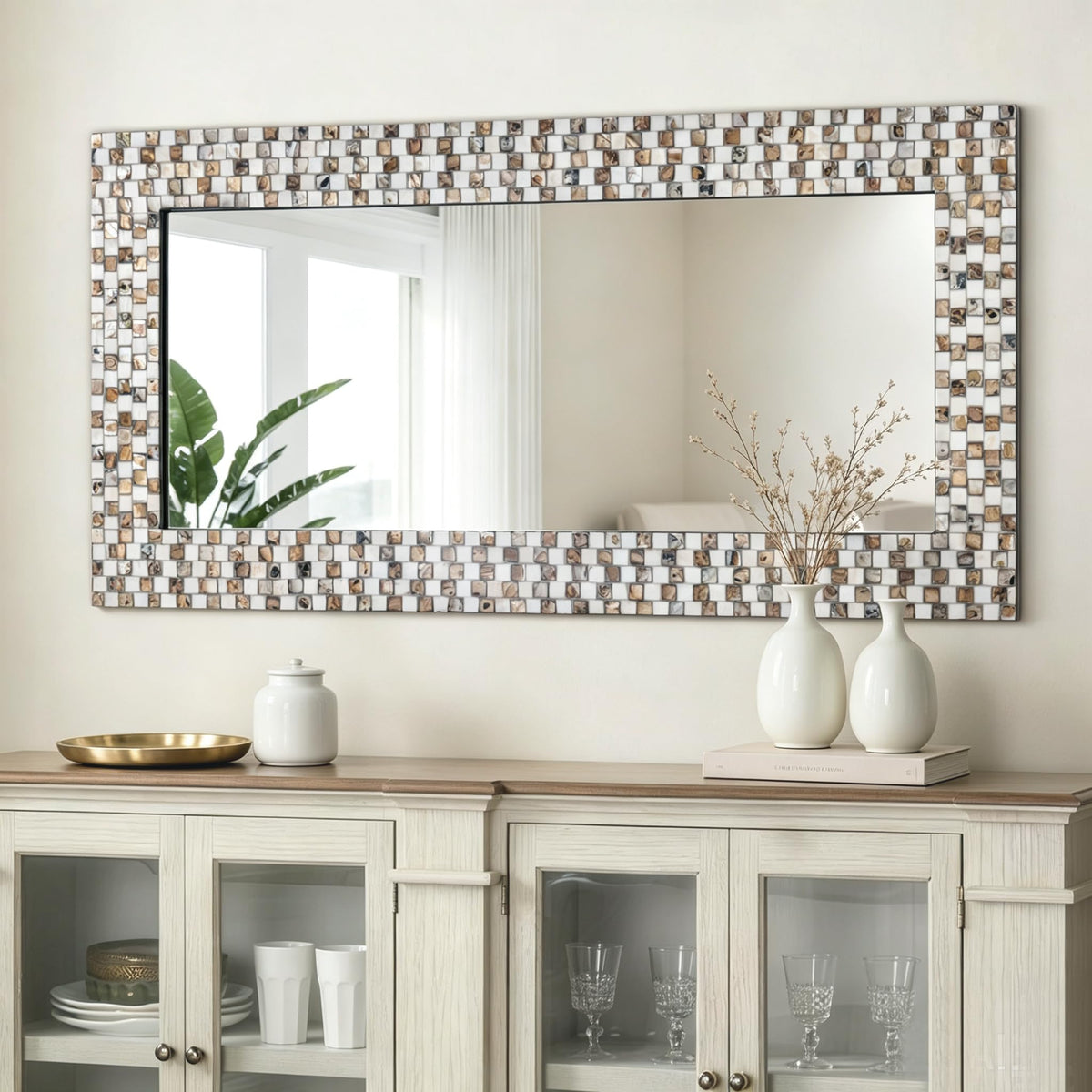 Chende Mosaic Mirrors for Decor, 46.5'' x 22.8'' Large Living Room Mirror with Capiz Shell Frame, Rectangle Decorative Wall Mirror for Dining Room, Bedroom, Bathroom, Entryway