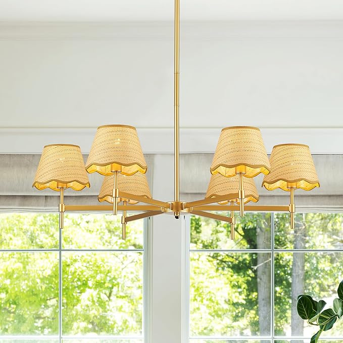Boho Rattan Chandelier with Woven Shades