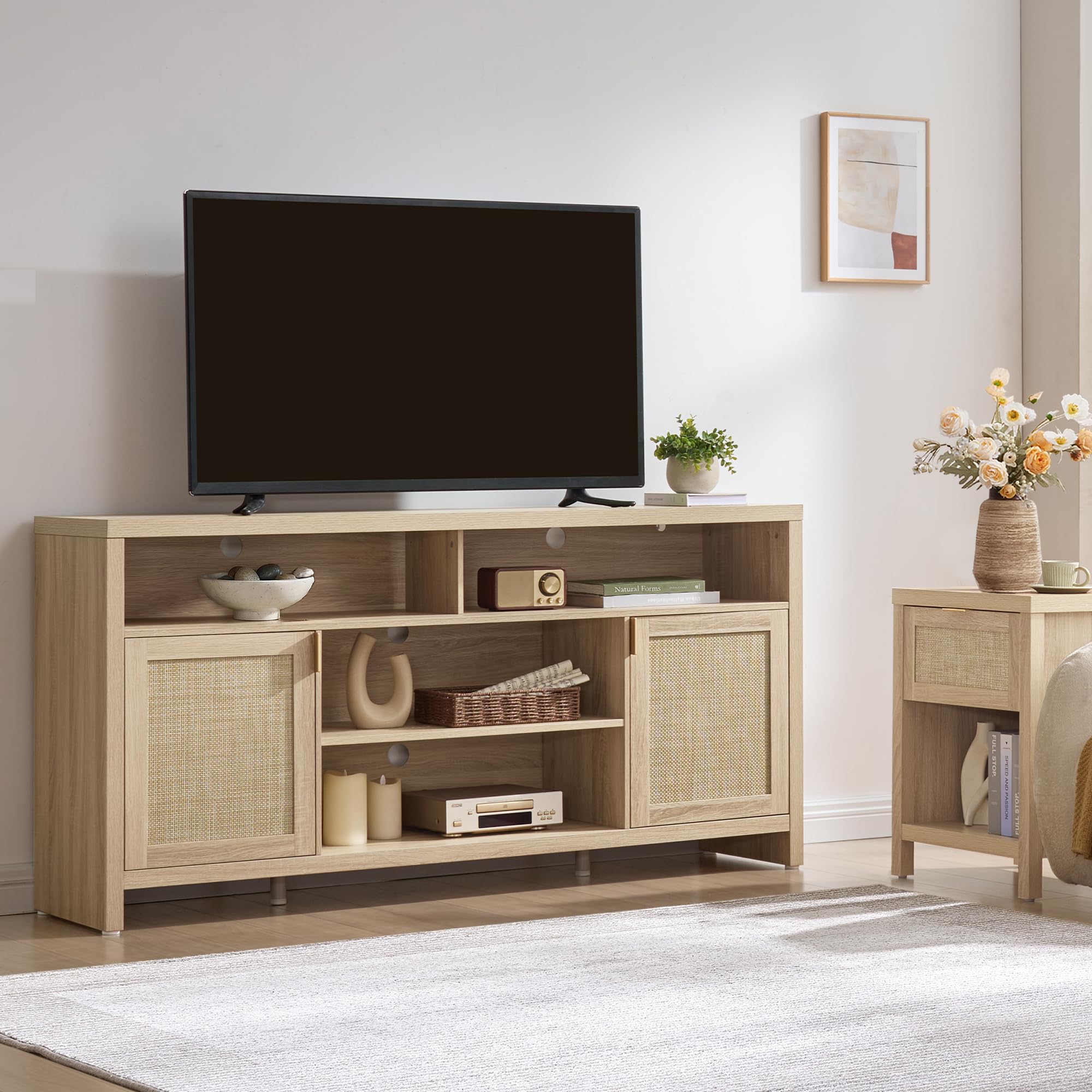 63" Rattan TV Stand with Storage & Doors