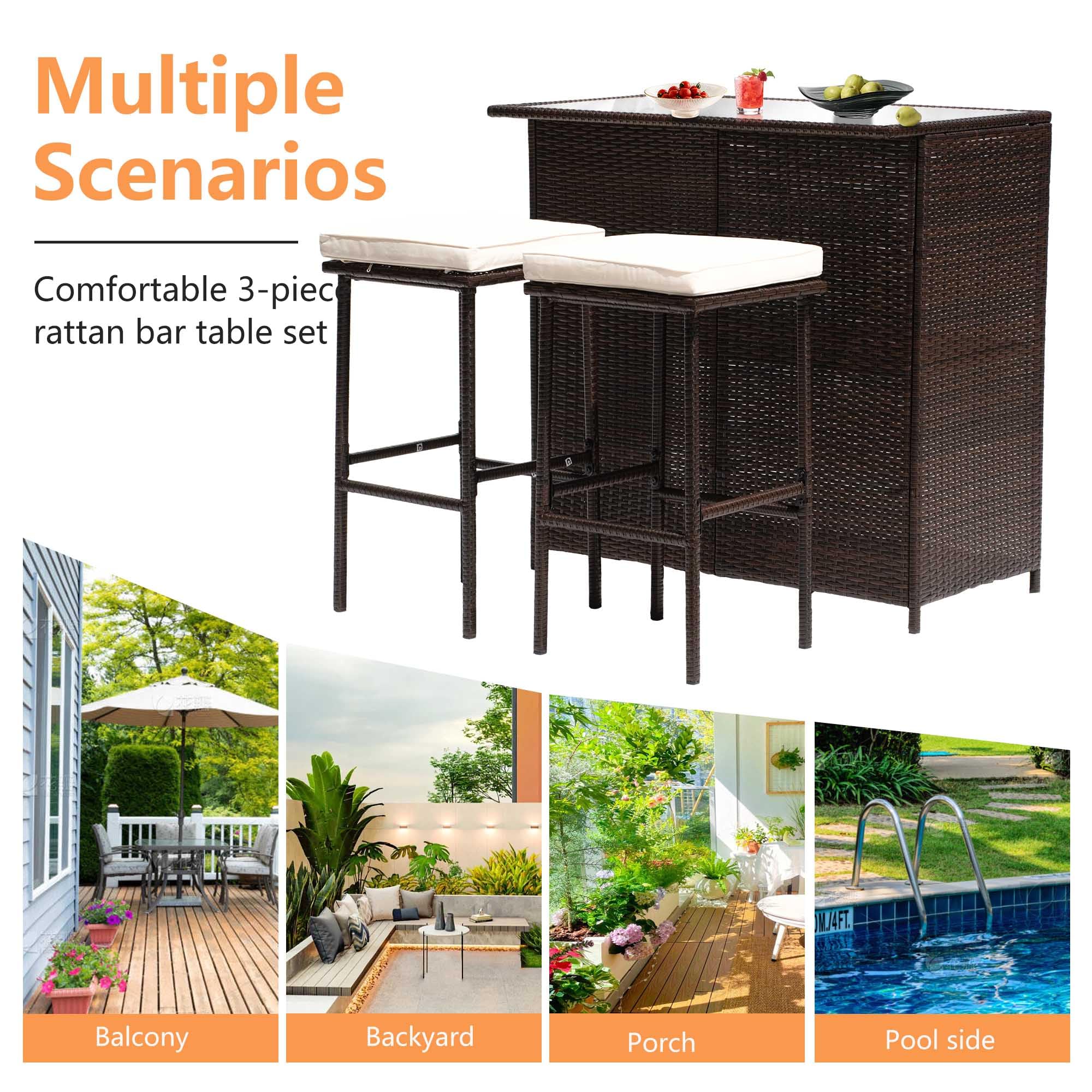 PayLessHere Rattan Bar Set 3Pcs Patio Wicker Bistro Set Sturdy Frame Bar Height Table with Glass Table Top Storage Shelves 2 Bar Stools for Patio Poolside Porch Outdoor Indoor, Khaki (Khaki)