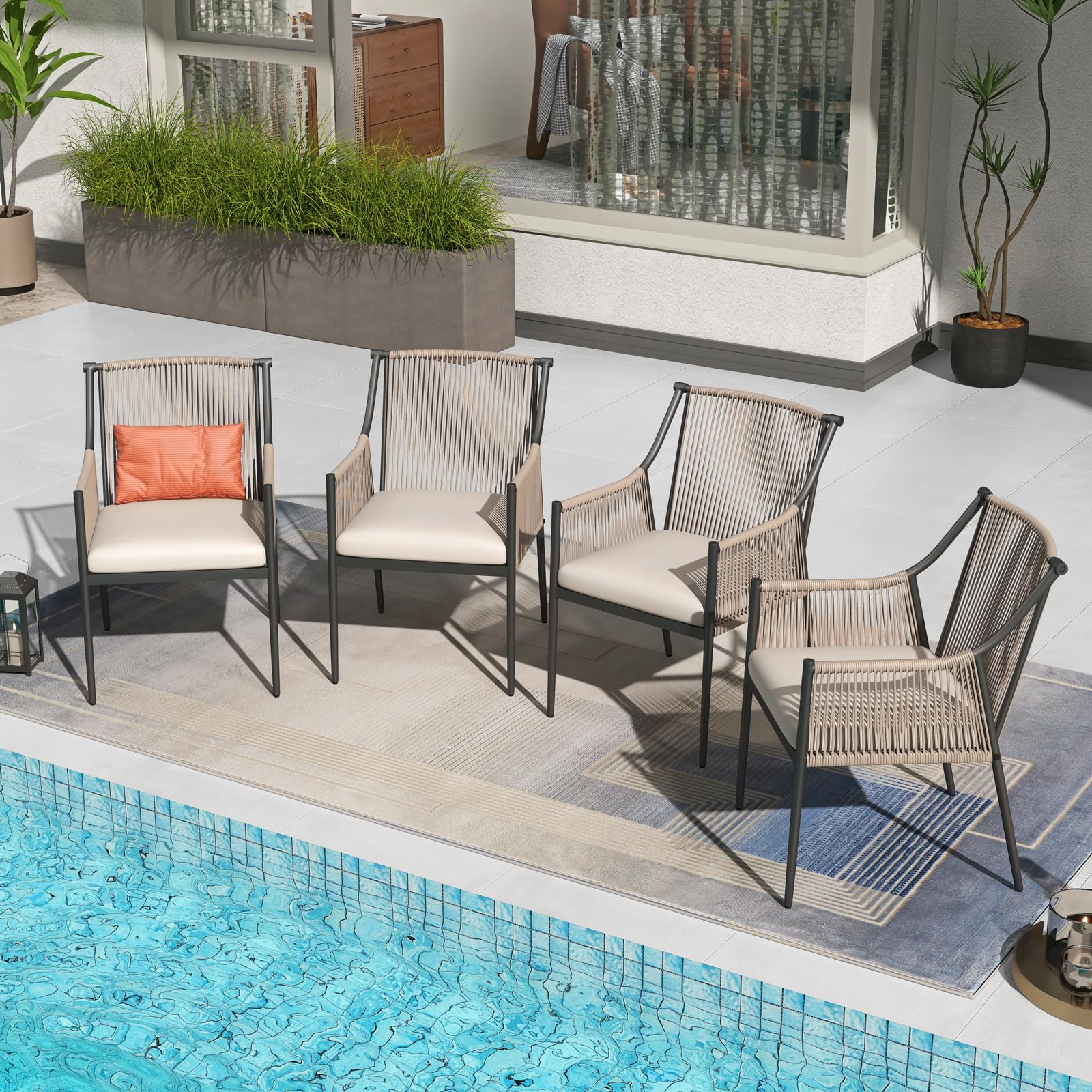 Patiorama Outdoor Dining Chairs Set of 2, Woven Rope Patio Dining Chairs, All-Weather Embossed Wicker Rattan Chairs, Outdoor Patio Chairs with Cushion & Integrated Armrest for Backyard, Light Beige