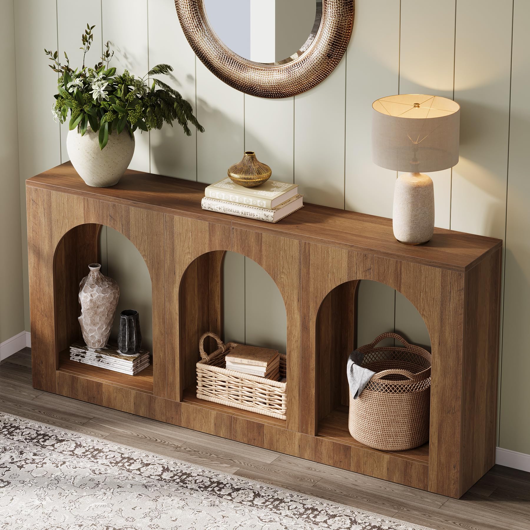 Tribesigns 70.9" Console Table with Storage, Wood Entryway Entry Table with 3 Arched Shelves for Foyer, Hallway, Living Room, Behind Couch Sofa, Narrow Long, Brown