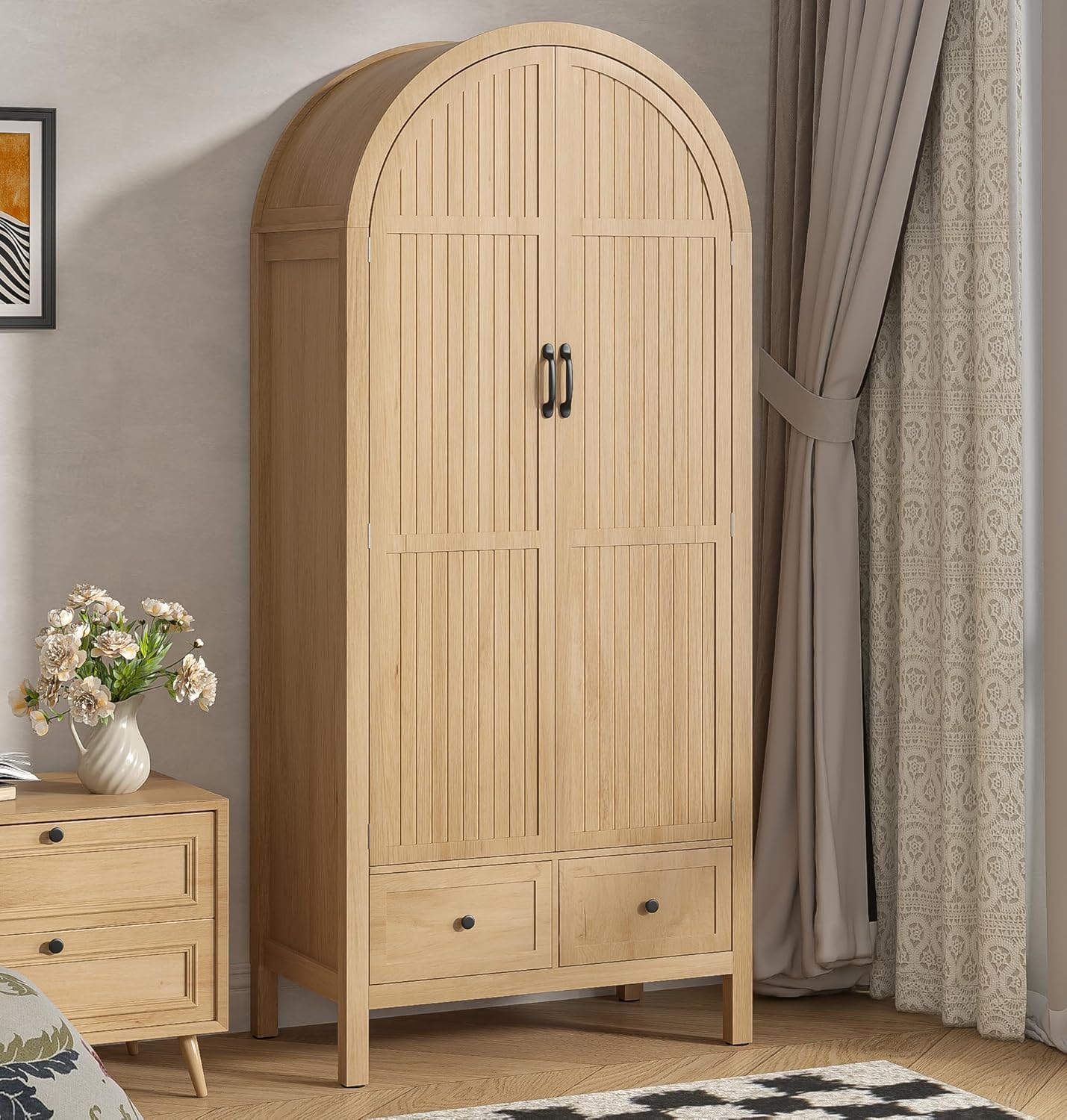 Lxsxlome Wardrobe Closet, Armoire Wardrobe Closet with Drawers and 2 Arched Fluted Doors, 70.87‘’ Tall Wooden Bedroom Armoires with Shelves and Hanging Rod (1, Wood Color)