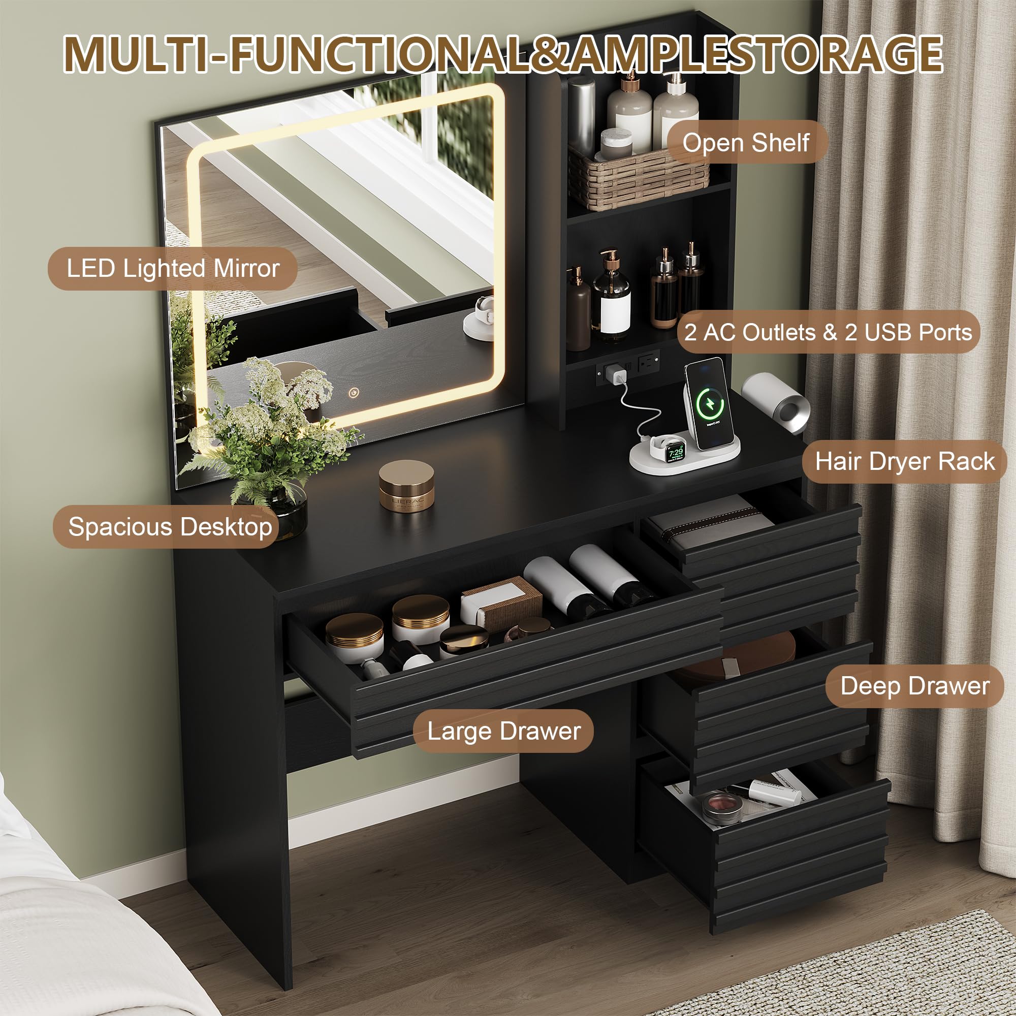 jmhdyg Makeup Vanity Desk with Lights, Fluted Vanity with 4 Drawers, Open Shelves, Power Outlet, LED Lighted Mirror, 3 Lighting Modes & Brightness Adjustable, Wood Dressing Table for Bedroom,Black