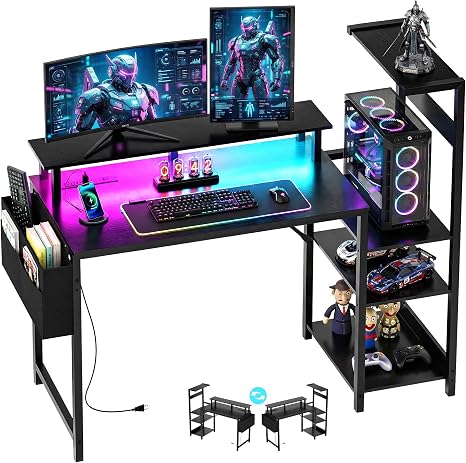 Gaming Desk with Monitor Stand & Storage Shelves