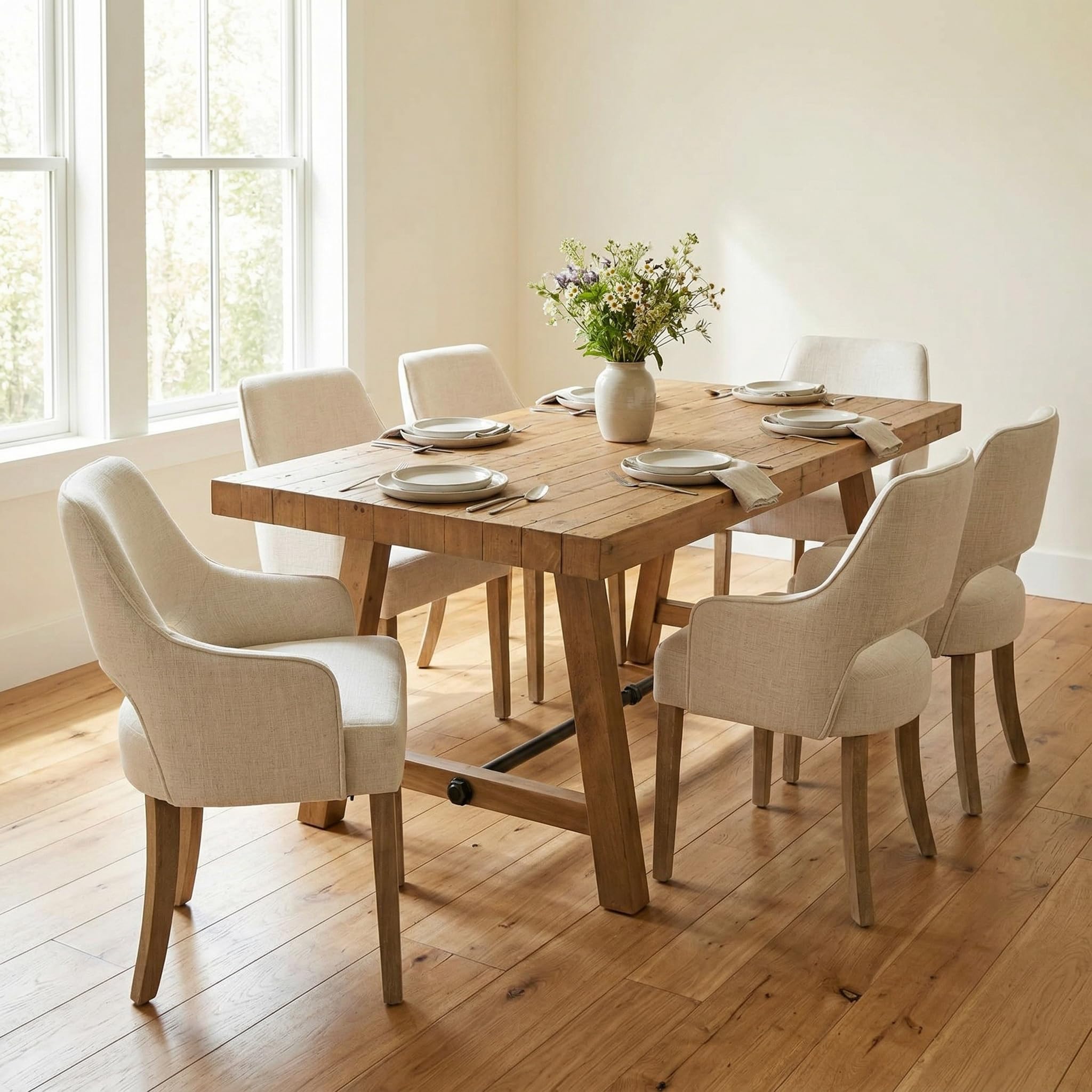 DM Furniture 7-Piece Farmhouse Wooden Dining Room Table Set for 6, 59" Reclaimed Wood Dining Table with Upholstered Chairs, Solid Wood Kitchen Table & Chair Set for Dining/Kitchen Room, Brown