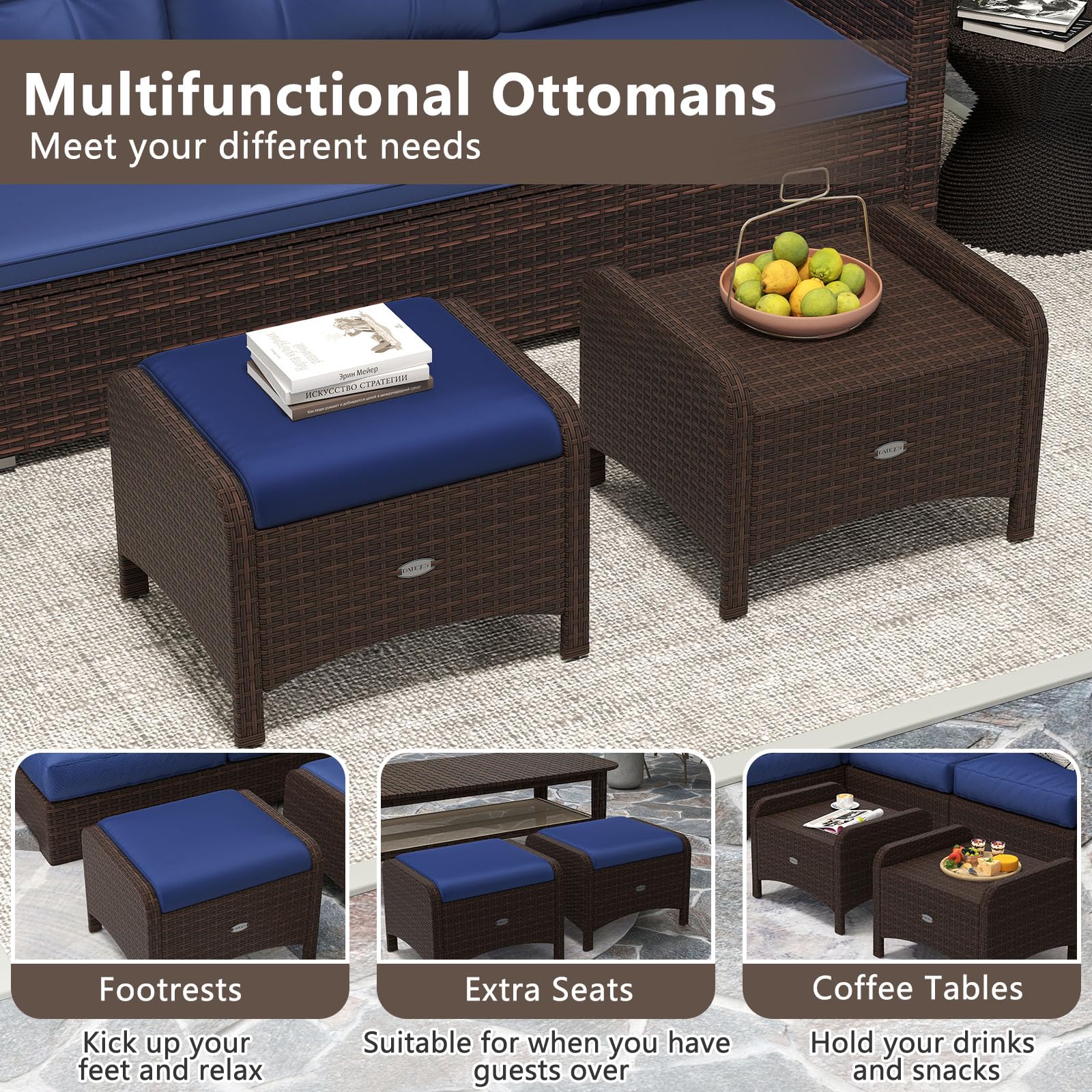 Outdoor PE Rattan Ottoman Set of 2