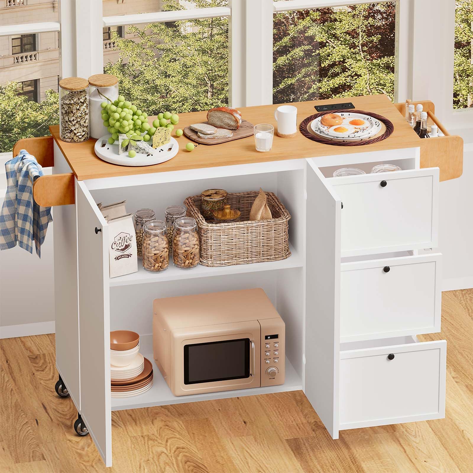 Kitchen Island with Storage, Rolling Kitchen Island on Wheels with Drawers and Doors, Mobile Kitchen Island with Towel Rack and Spice Rack, Wood Top Kitchen Cart with Power Outlet for Kitchen (White)