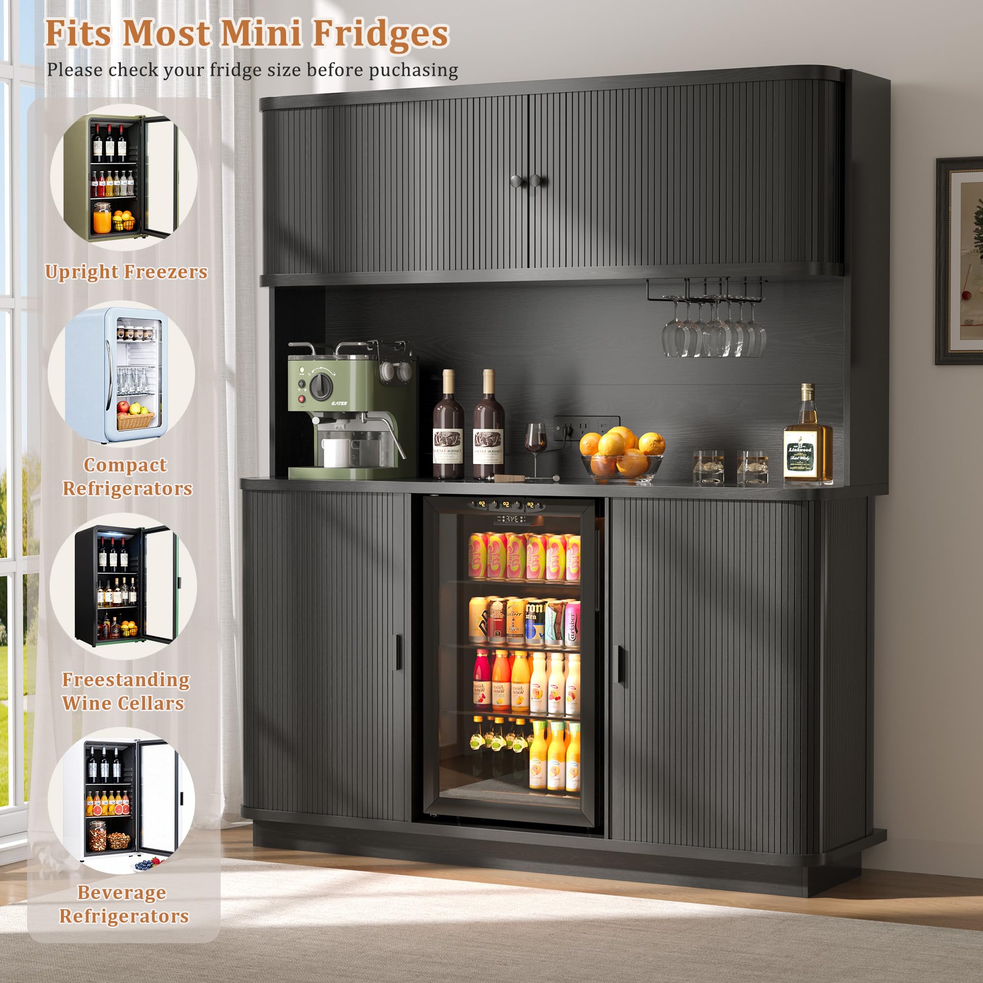 Godchoices 70.8" Kitchen Pantry with Fridge Space, Fluted Coffee Bar Cabinet with Mini Fridge Space, Power Outlet & Drawer, Tall Wine Bar Cabinet with Glass Holder,Wine Rack & Storage Hutch for Home