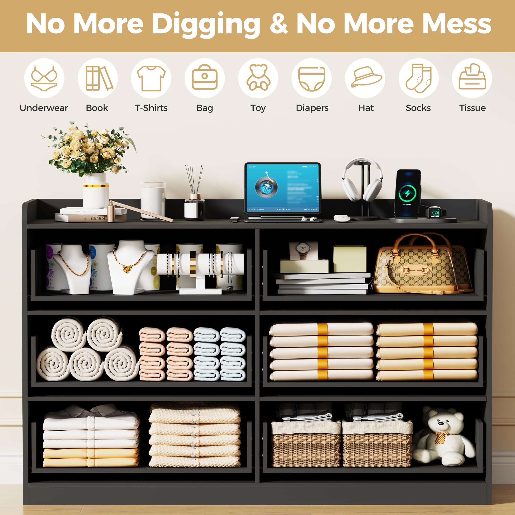 YUNSCEND Black Dresser with Power Outlet and LED Lights, Modern 6 Drawer Dresser for Bedroom, 47.2” Long Chest Of Drawer Deep Drawer Dressers TV Stand for Living Room Closet Hallway Entryway UXKCG006B