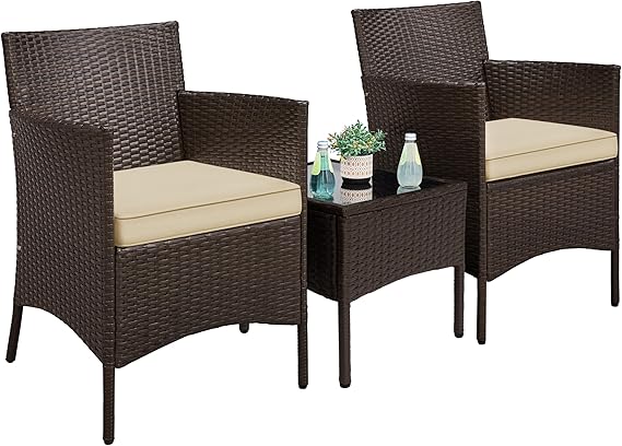 3-Piece Outdoor PE Rattan Bistro Set with Cushions & Glass Table