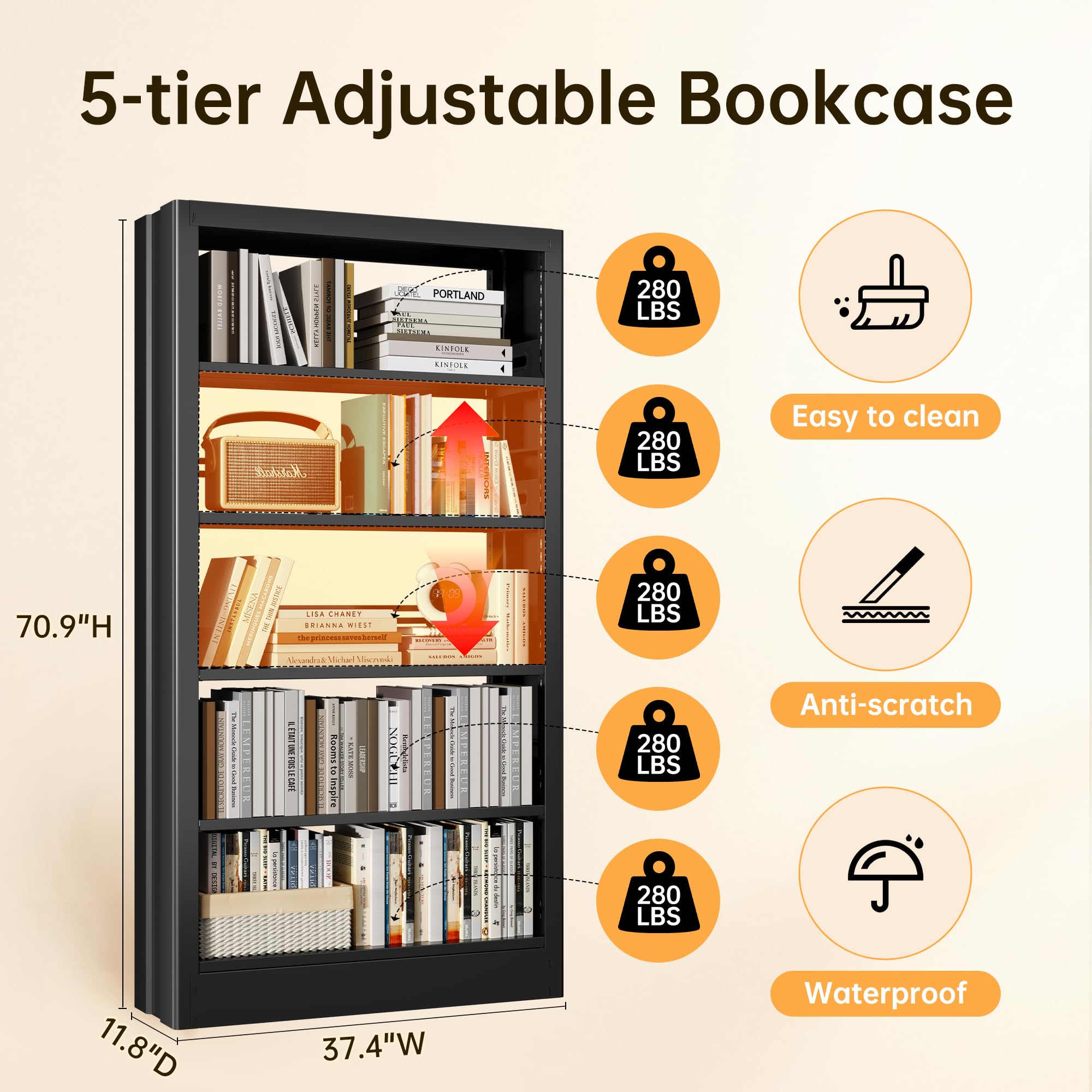 Jazipic 5-Tier Bookcase with Adjustable Storage Shelves, Heavy Duty Bookcase, Metal Bookshelf with Book Stopper, Black Bookcase Shelf for Library, Office, Living Room